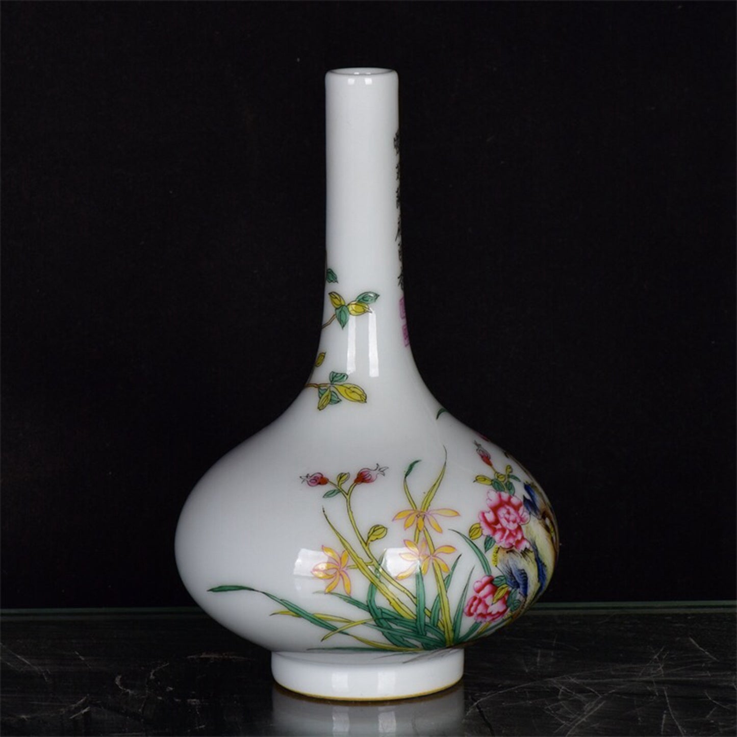 Chinese antique pink flower and bird patterned long necked bottle