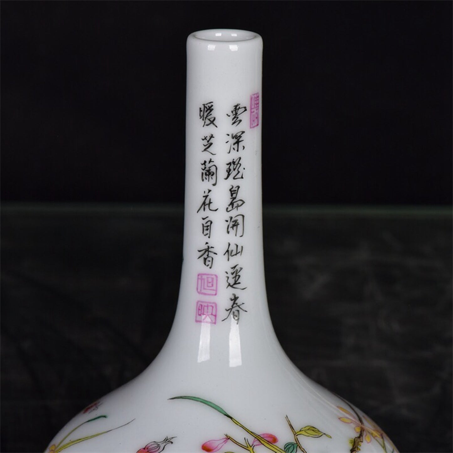 Chinese antique pink flower and bird patterned long necked bottle