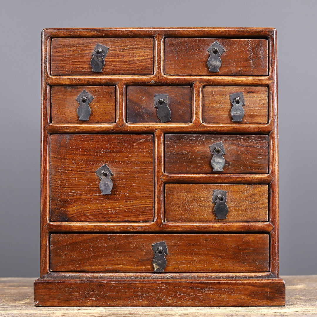 Chinese antique rosewood handmade carved nine drawer cabinet