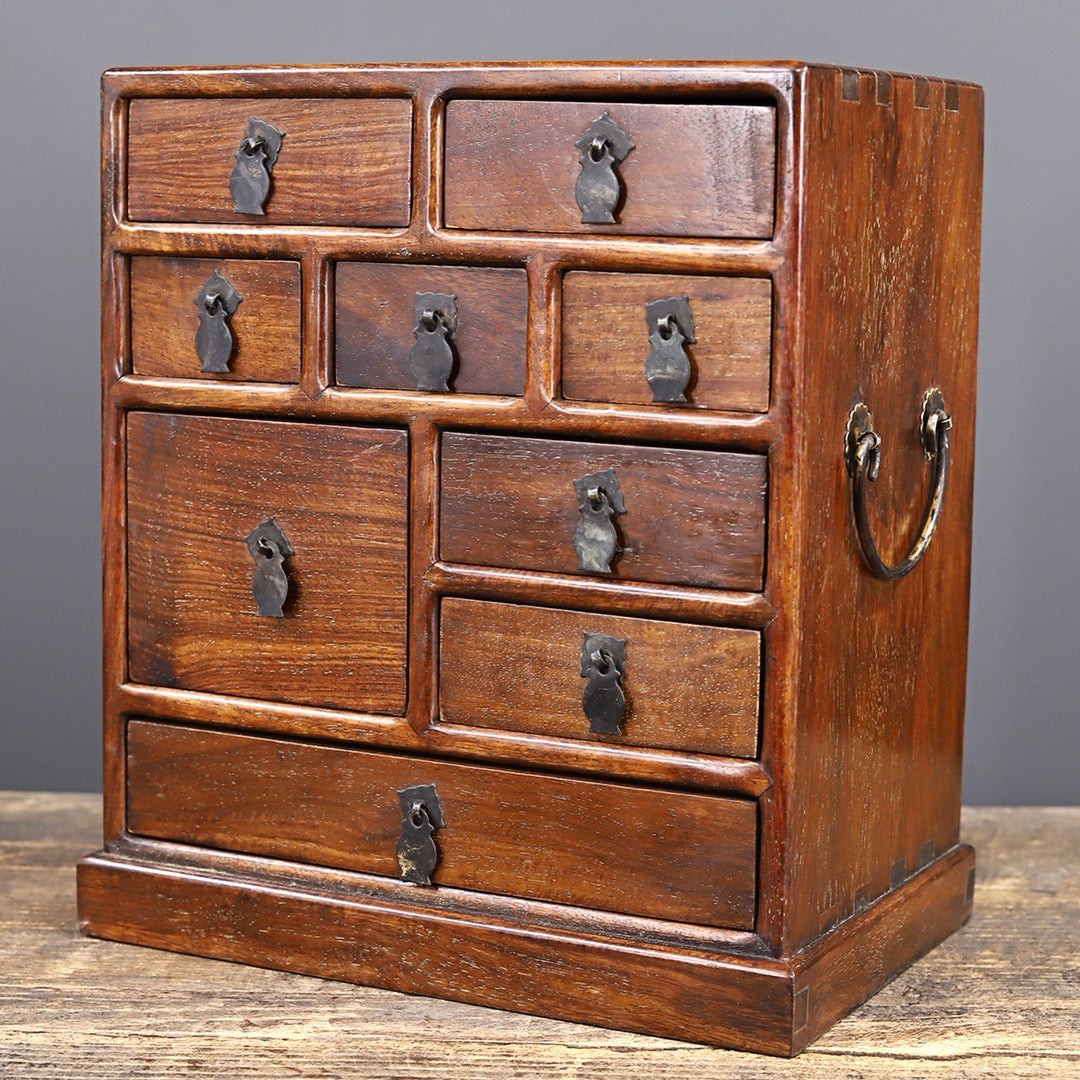 Chinese antique rosewood handmade carved nine drawer cabinet