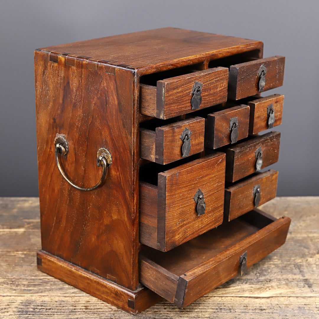 Chinese antique rosewood handmade carved nine drawer cabinet