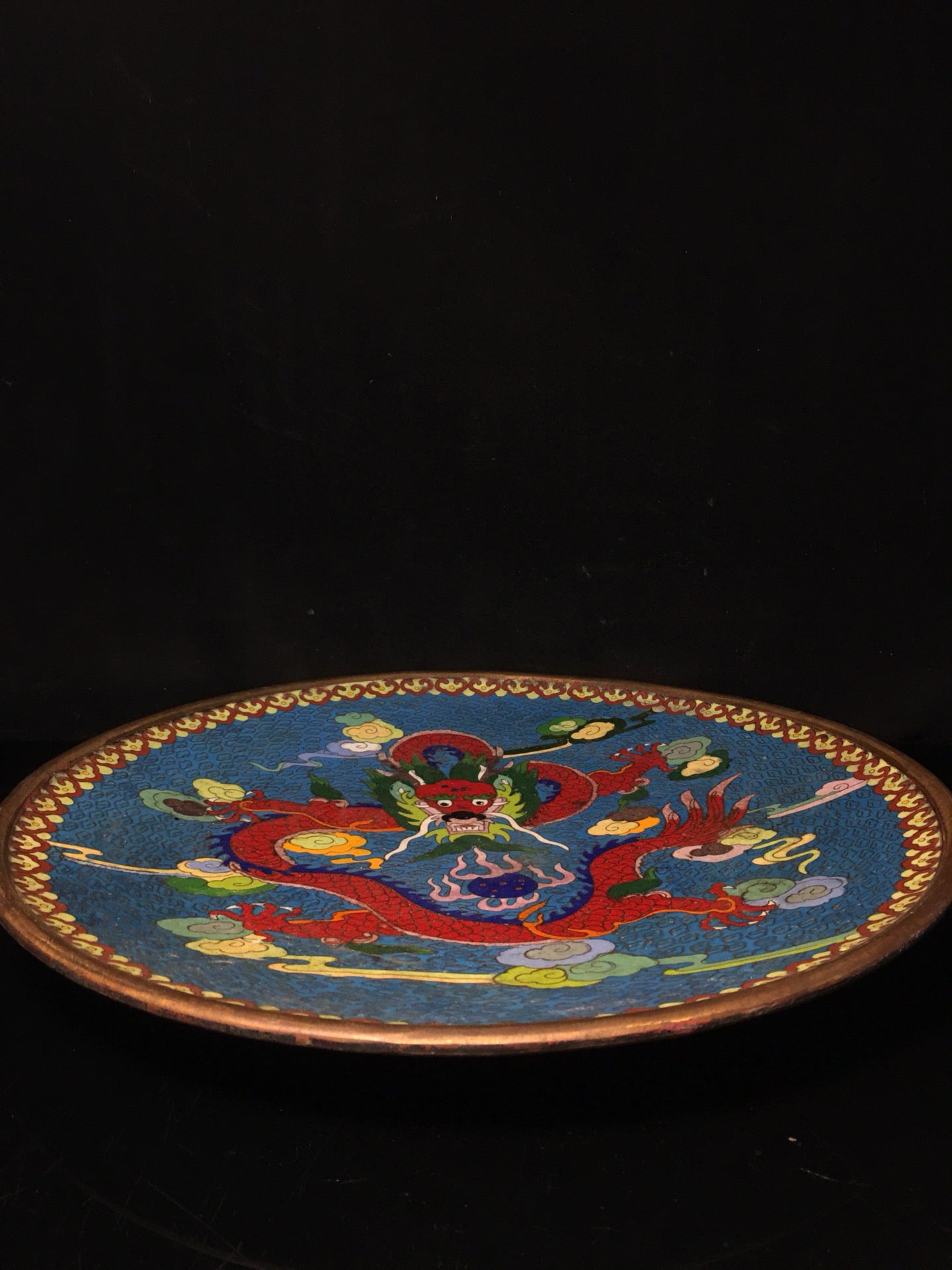 Chinese antique cloisonn é silk enamel carved dragon plate