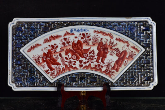 Chinese antique blue and white glazed red character story pattern hollowed out tea tray