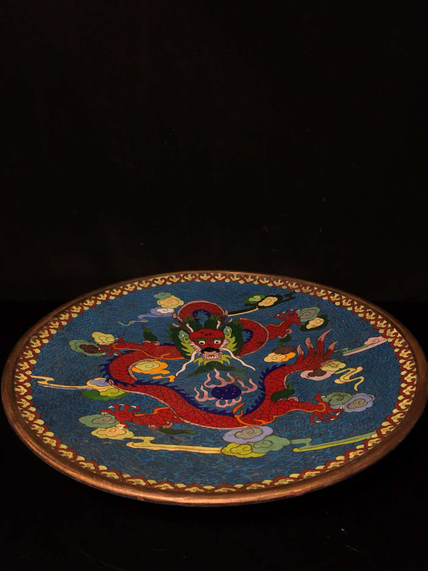 Chinese antique cloisonn é silk enamel carved dragon plate