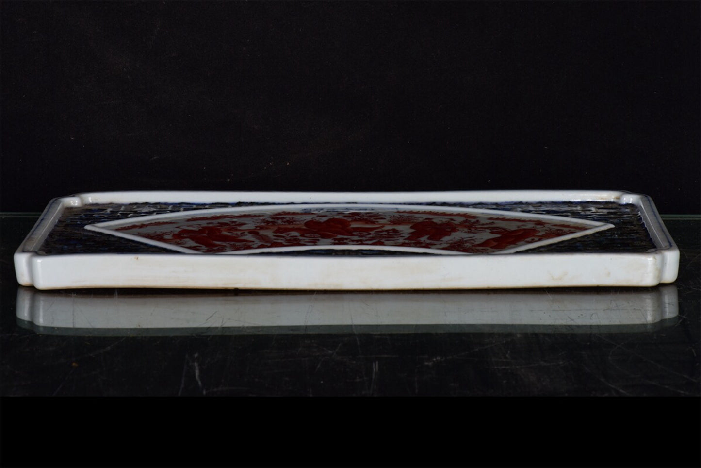 Chinese antique blue and white glazed red character story pattern hollowed out tea tray