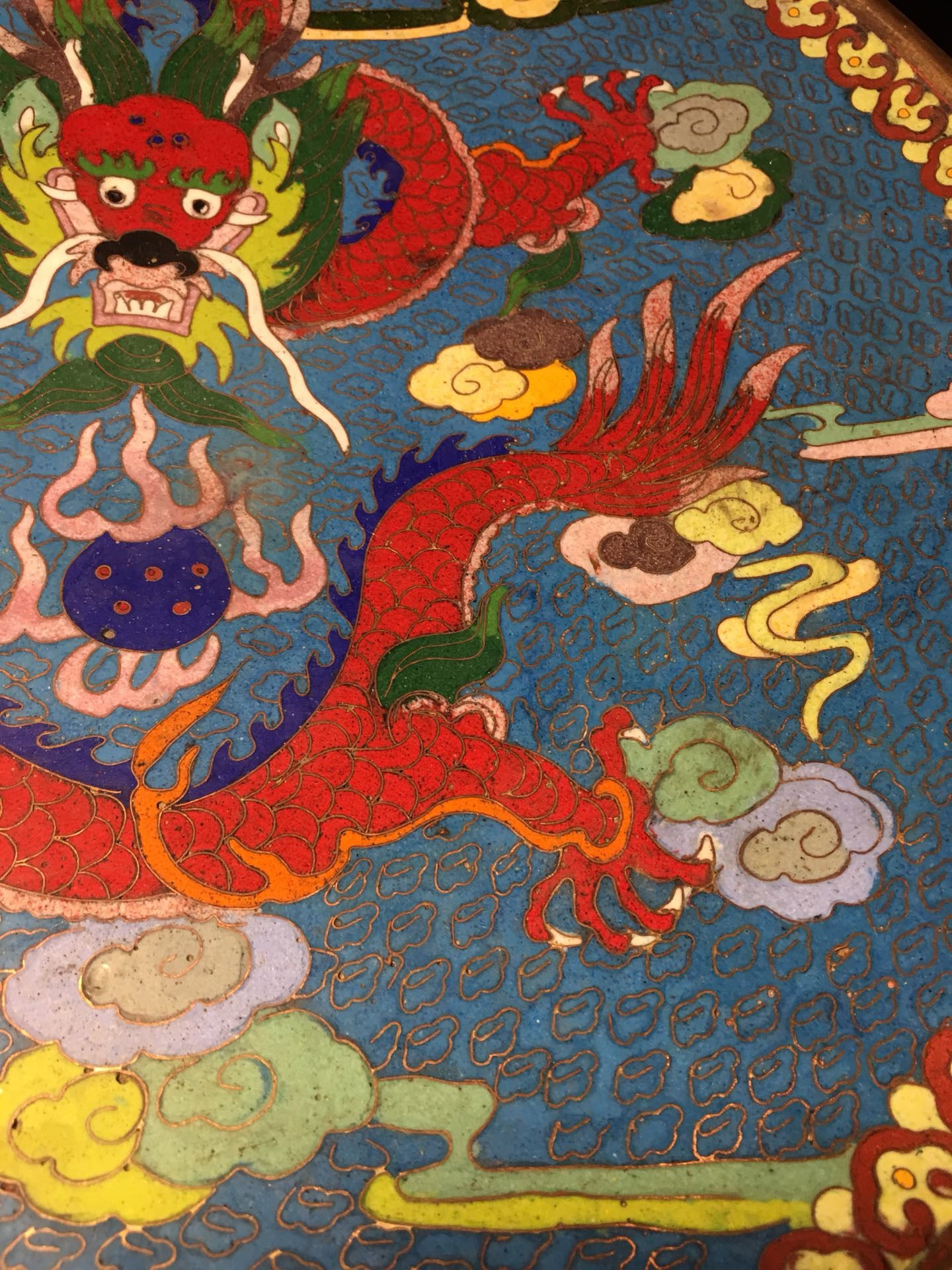 Chinese antique cloisonn é silk enamel carved dragon plate