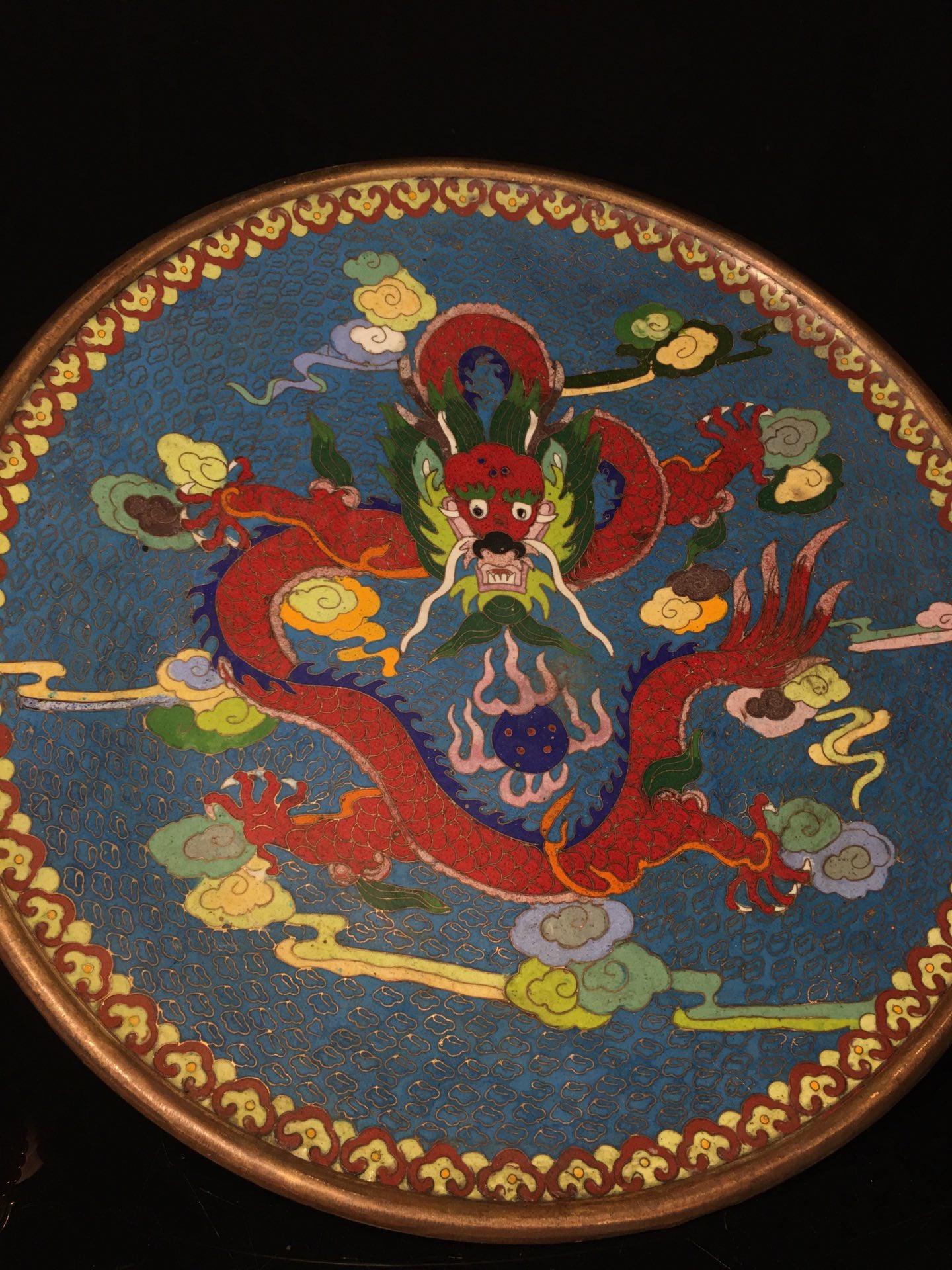 Chinese antique cloisonn é silk enamel carved dragon plate