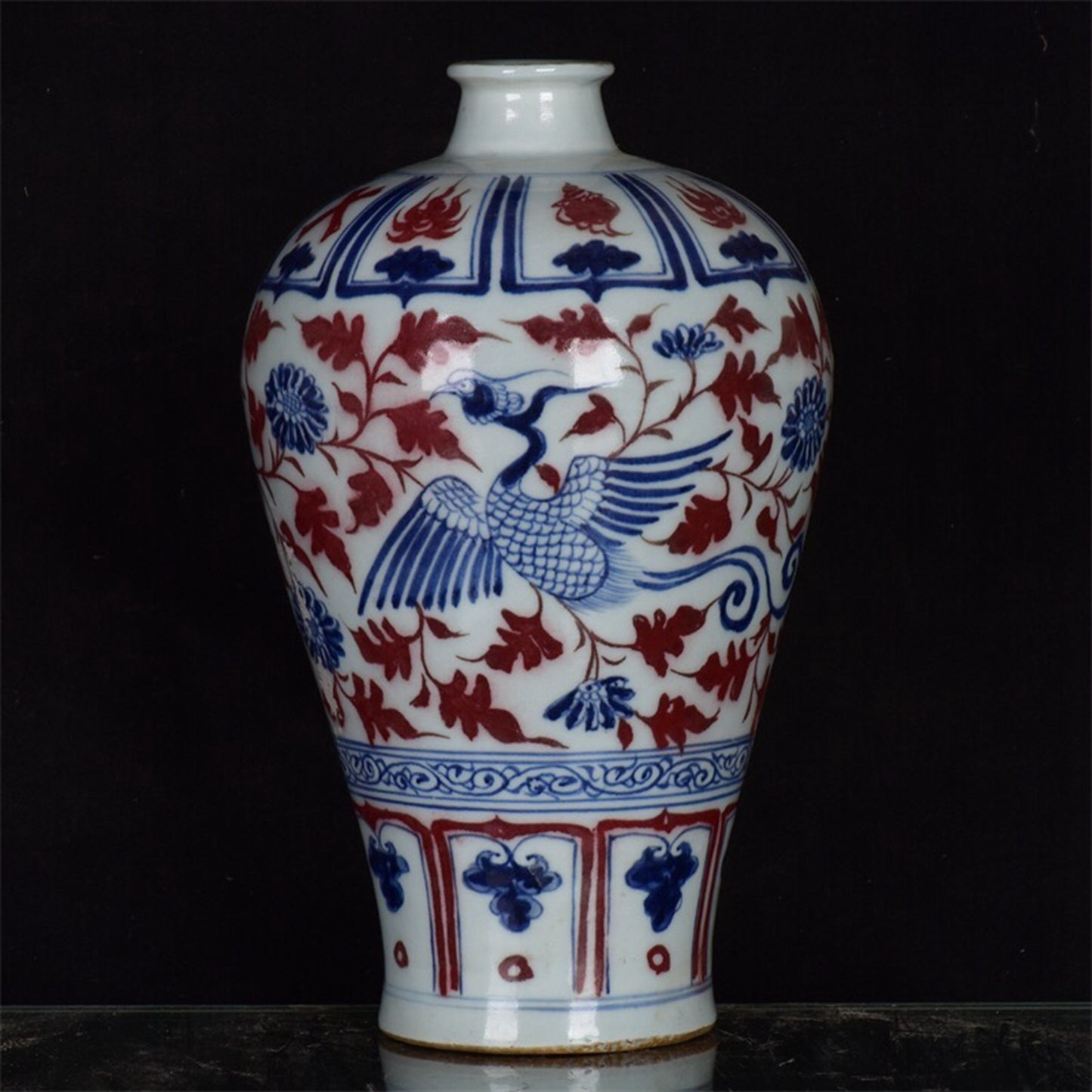 Chinese antique blue and white glazed red entwined phoenix patterned plum vase