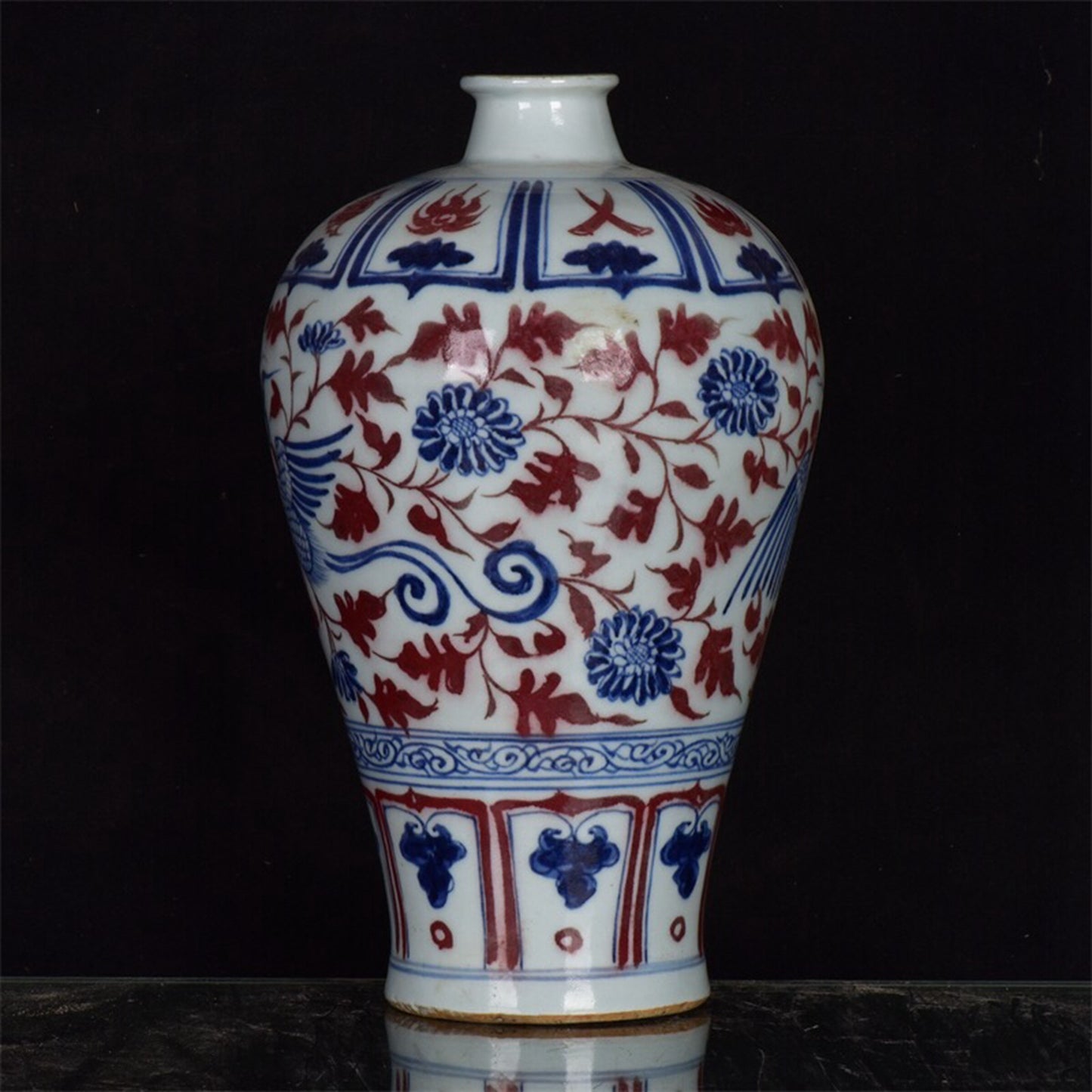 Chinese antique blue and white glazed red entwined phoenix patterned plum vase