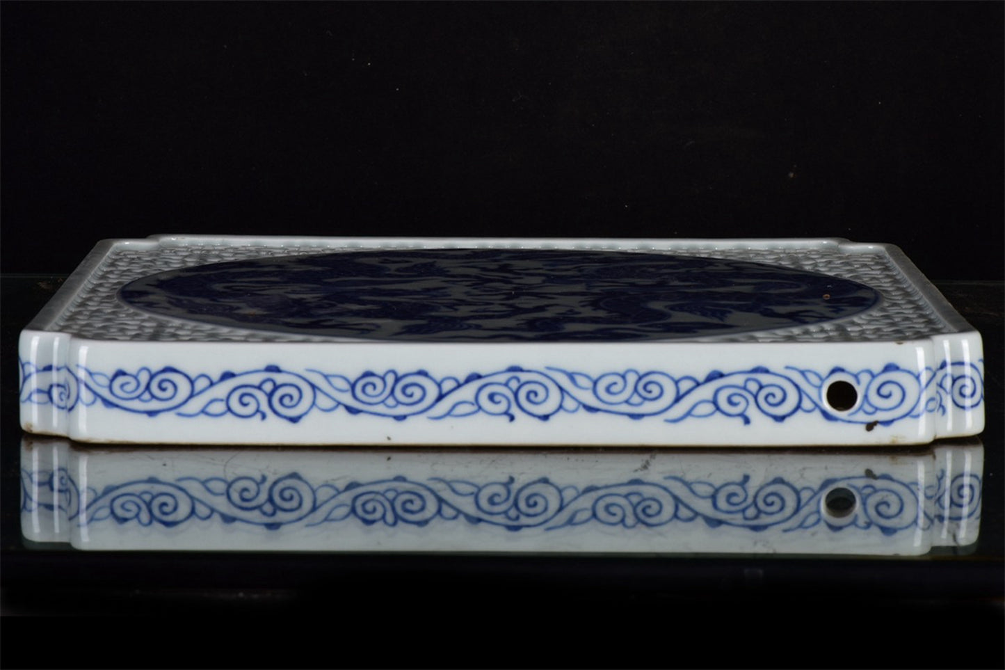 Chinese antique blue and white auspicious cloud dragon pattern hollowed out square tea plate