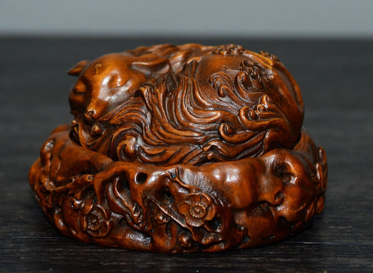 Chinese antique small leaf boxwood fox incense burner ornament