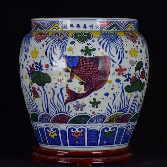 Chinese Antique Blue and White Fish and Algae Pattern Jar