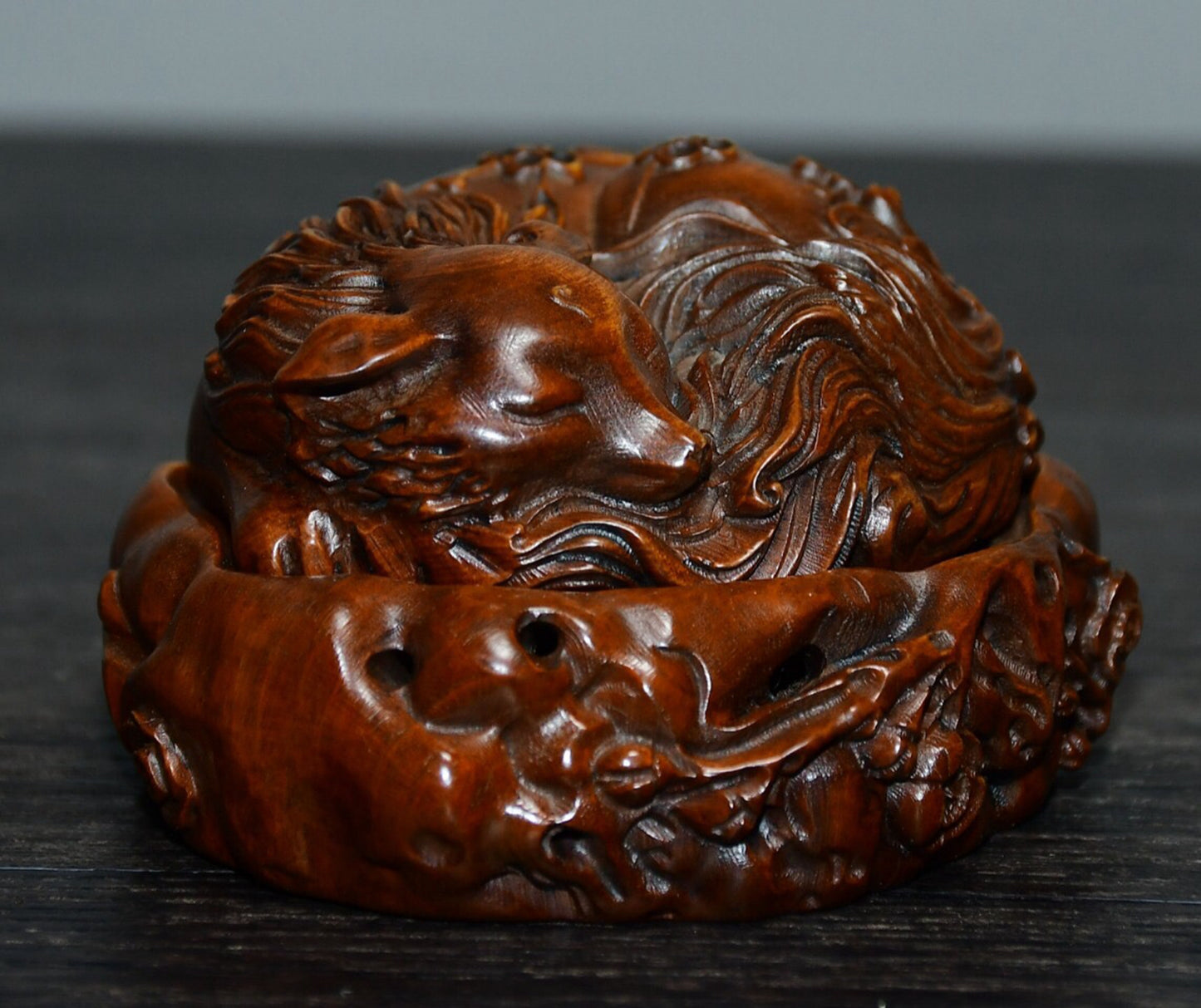 Chinese antique small leaf boxwood fox incense burner ornament
