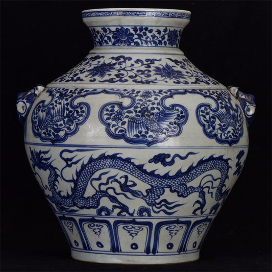 Chinese Antique Blue and White Dragon Pattern Double Lion Ear Pan Mouth Jar