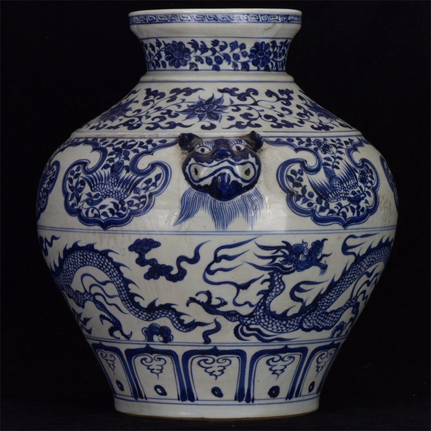 Chinese Antique Blue and White Dragon Pattern Double Lion Ear Pan Mouth Jar