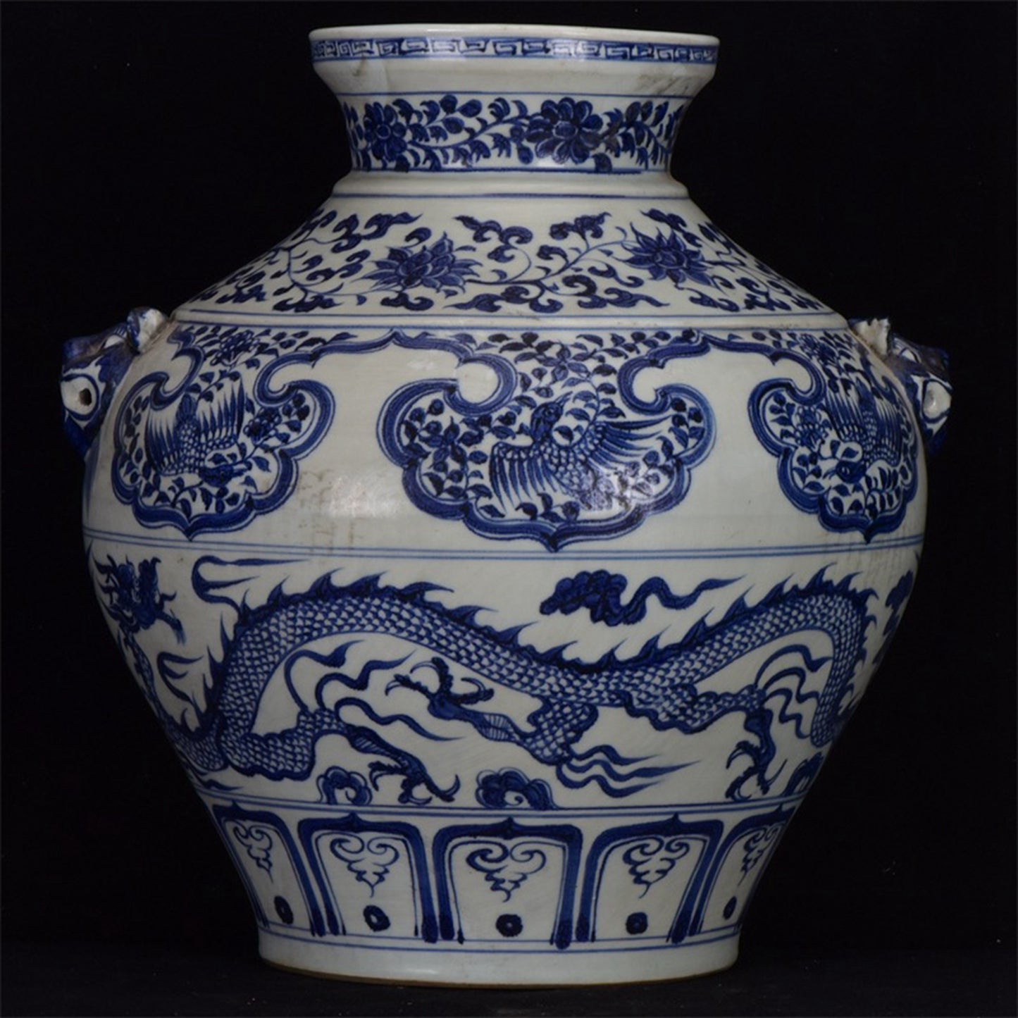 Chinese Antique Blue and White Dragon Pattern Double Lion Ear Pan Mouth Jar