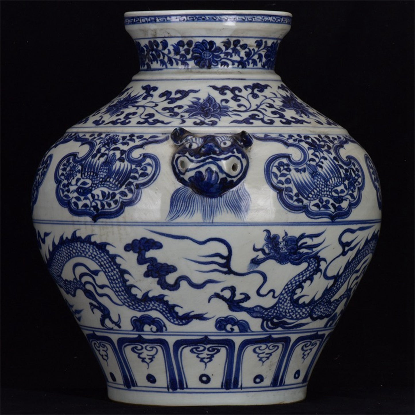 Chinese Antique Blue and White Dragon Pattern Double Lion Ear Pan Mouth Jar