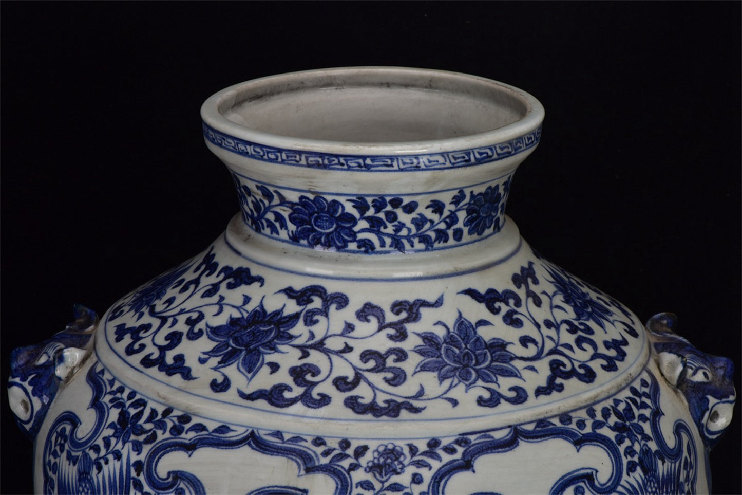 Chinese Antique Blue and White Dragon Pattern Double Lion Ear Pan Mouth Jar
