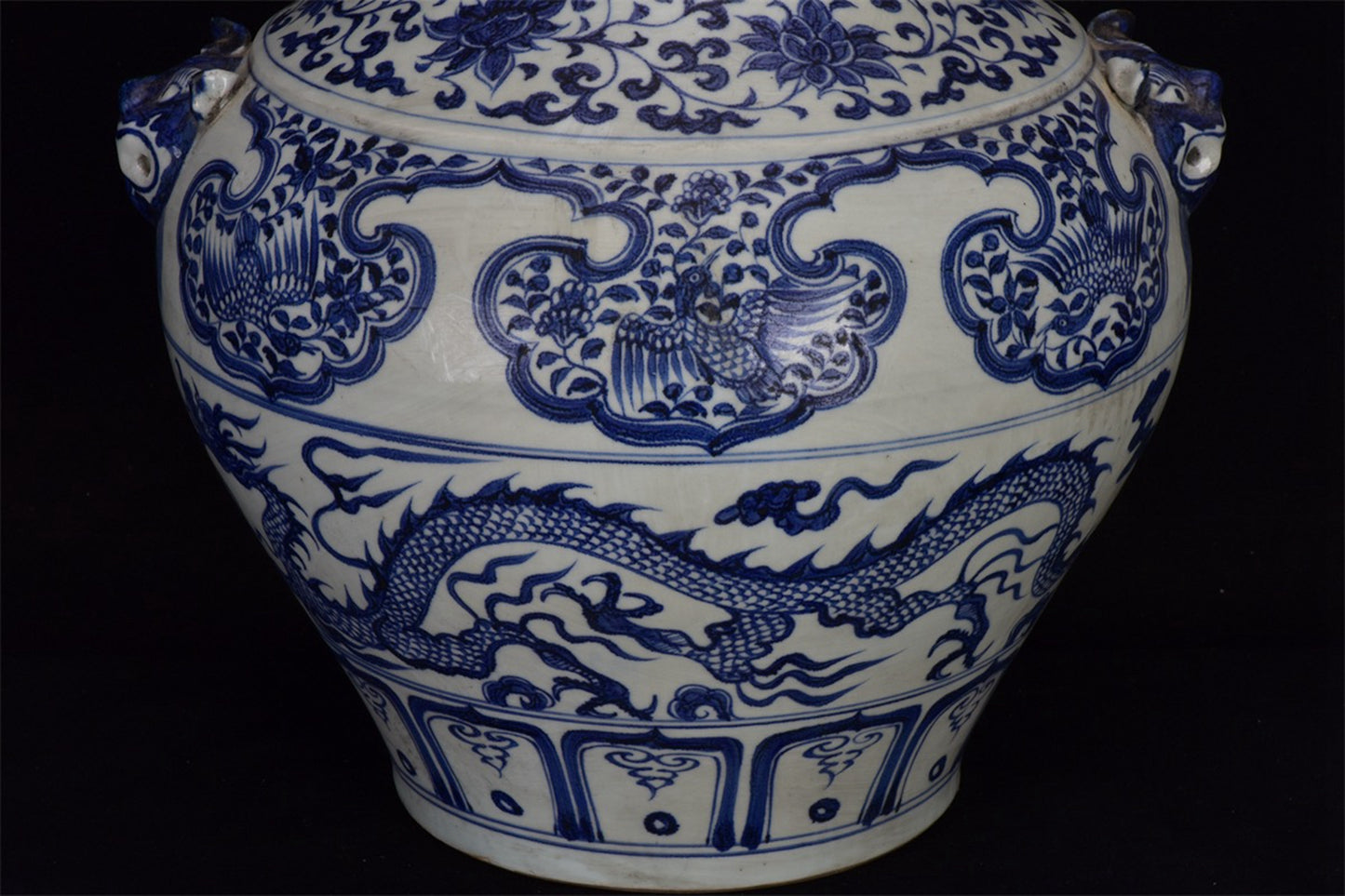 Chinese Antique Blue and White Dragon Pattern Double Lion Ear Pan Mouth Jar