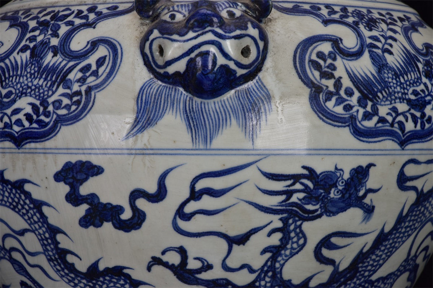 Chinese Antique Blue and White Dragon Pattern Double Lion Ear Pan Mouth Jar