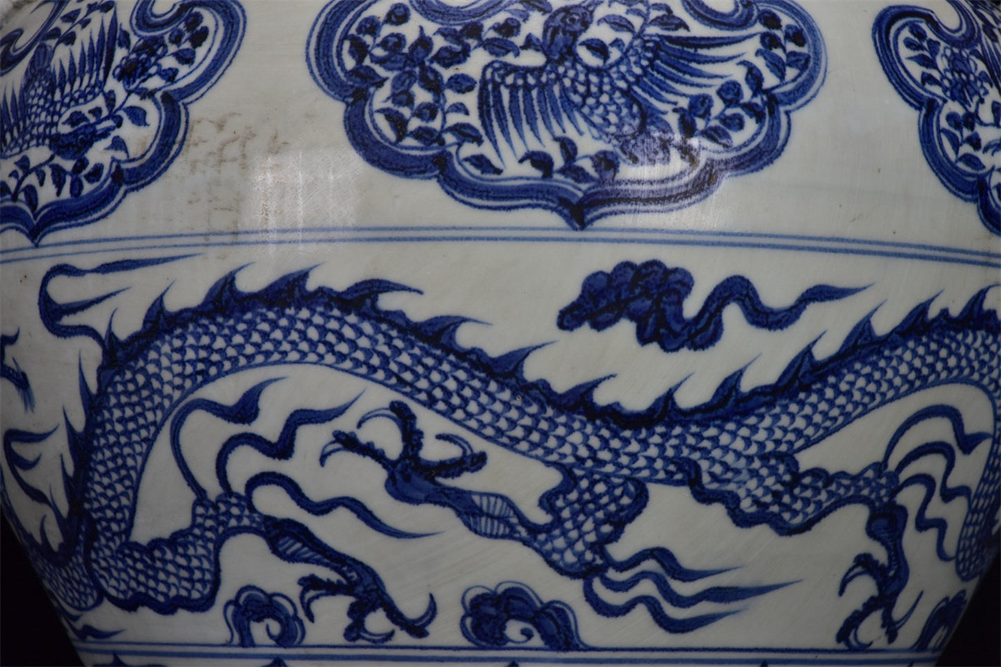 Chinese Antique Blue and White Dragon Pattern Double Lion Ear Pan Mouth Jar