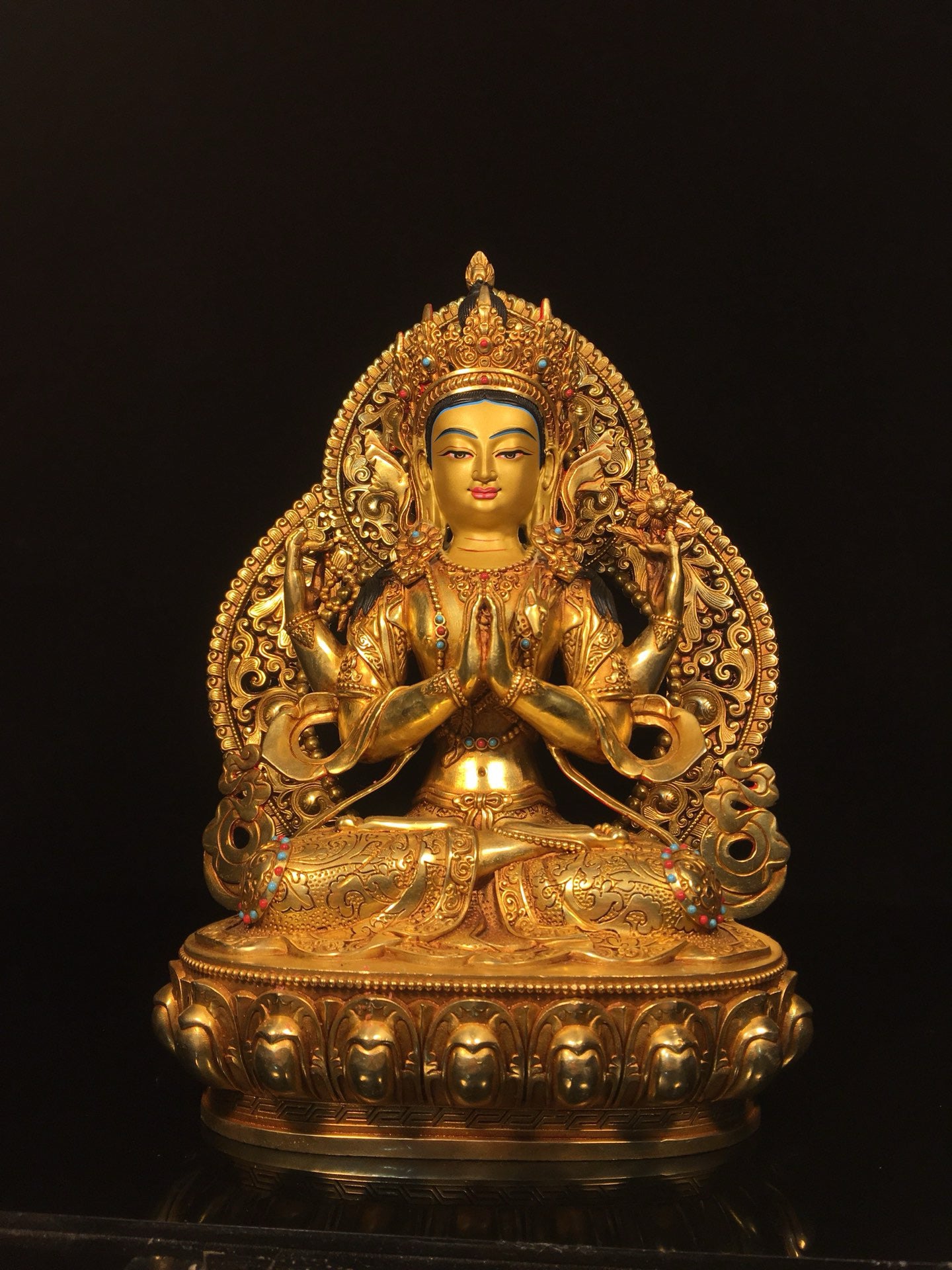 Chinese antique bronze gilded gold painted face with four armed Tara Bodhisattva Buddha statue