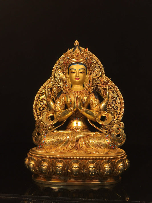 Chinese antique bronze gilded gold painted face with four armed Tara Bodhisattva Buddha statue