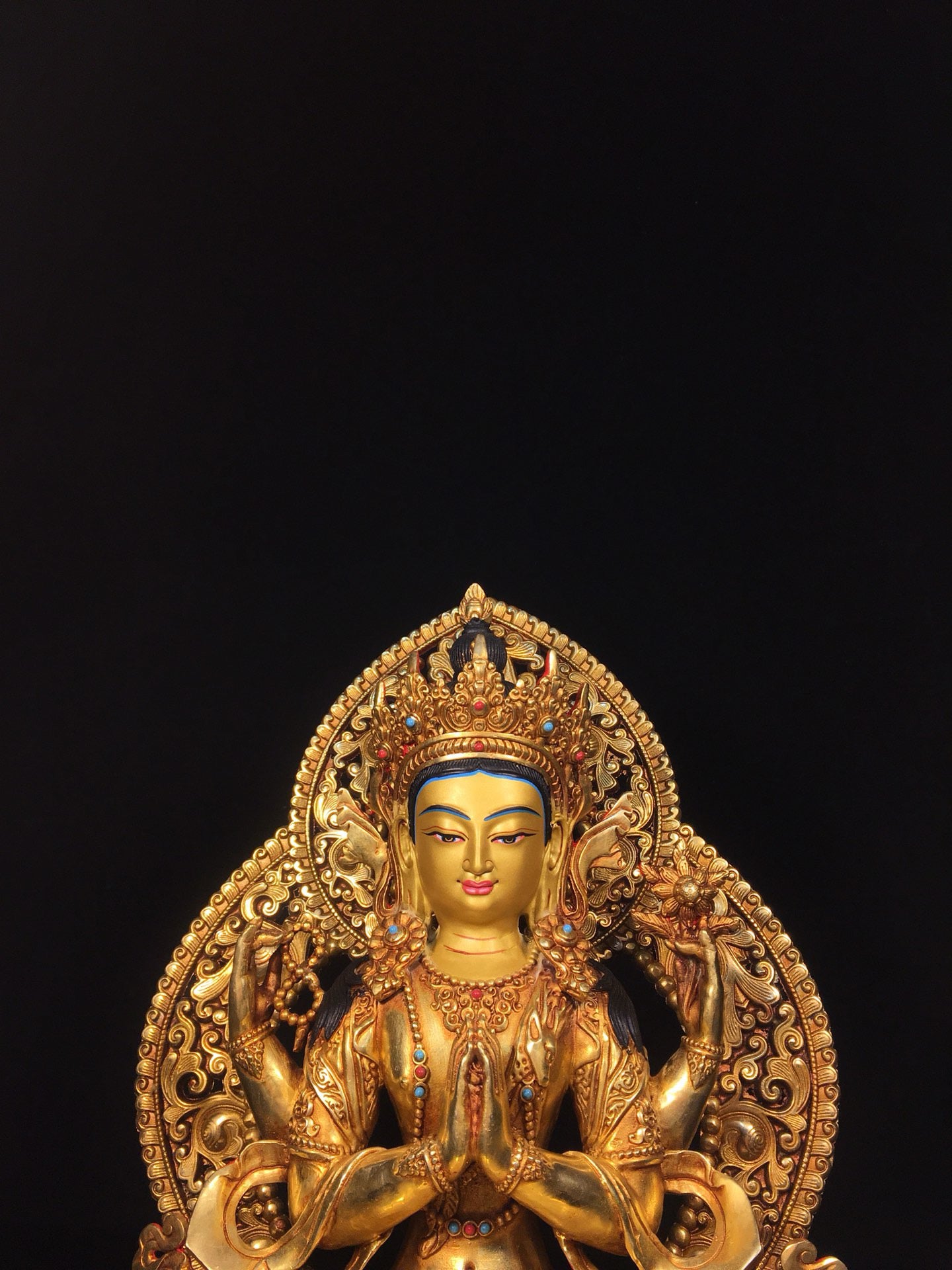 Chinese antique bronze gilded gold painted face with four armed Tara Bodhisattva Buddha statue