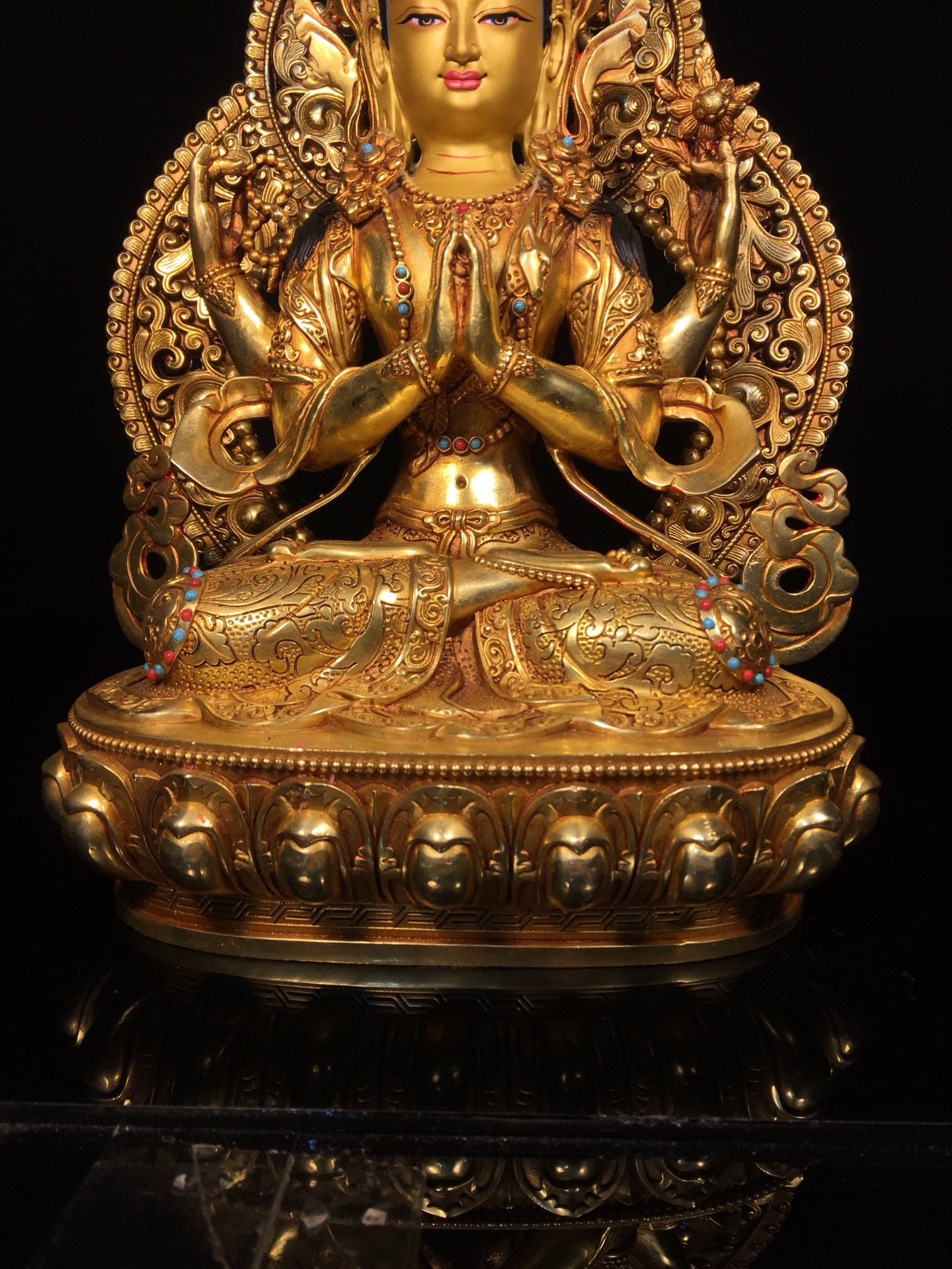 Chinese antique bronze gilded gold painted face with four armed Tara Bodhisattva Buddha statue
