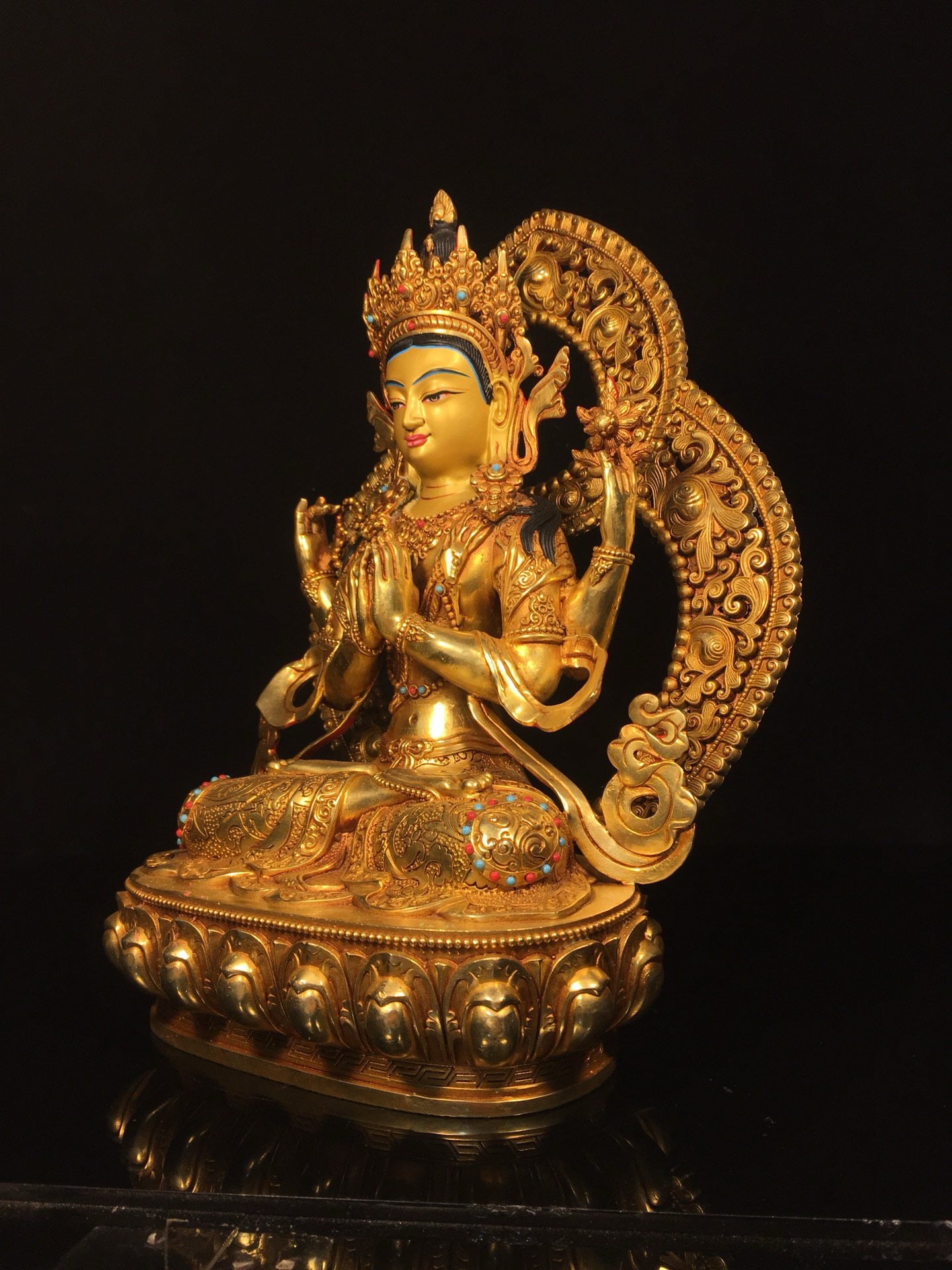 Chinese antique bronze gilded gold painted face with four armed Tara Bodhisattva Buddha statue