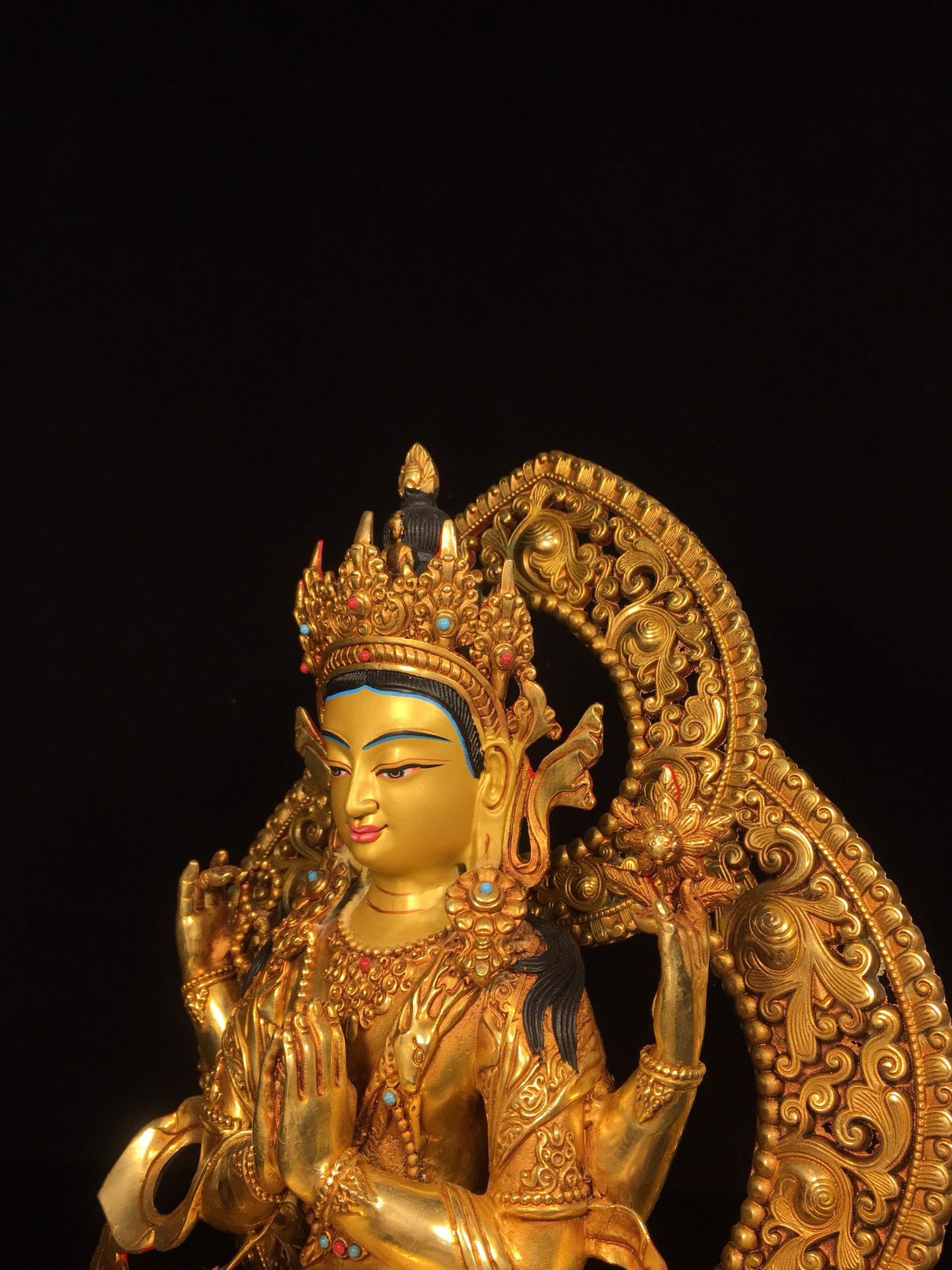 Chinese antique bronze gilded gold painted face with four armed Tara Bodhisattva Buddha statue