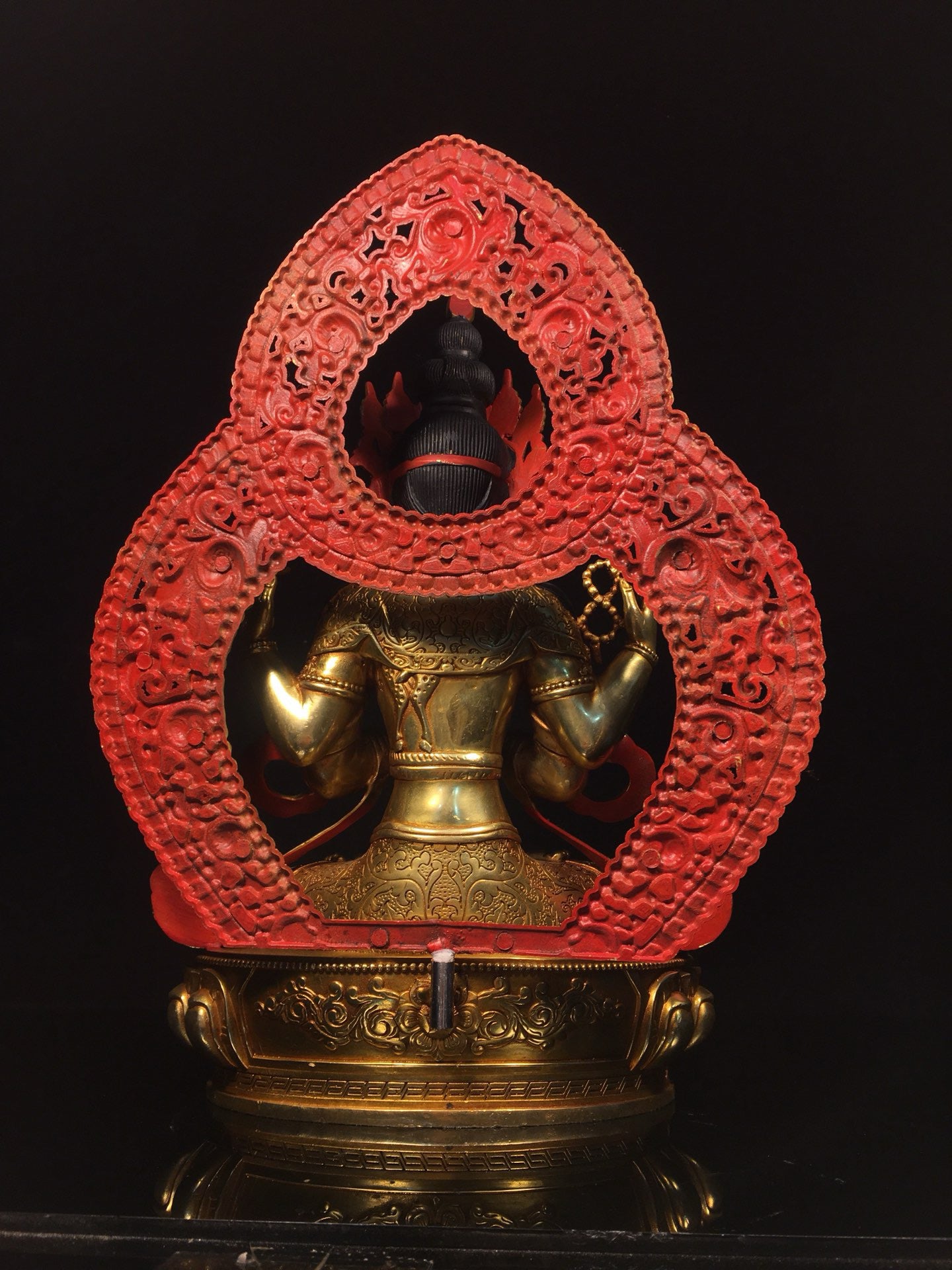 Chinese antique bronze gilded gold painted face with four armed Tara Bodhisattva Buddha statue