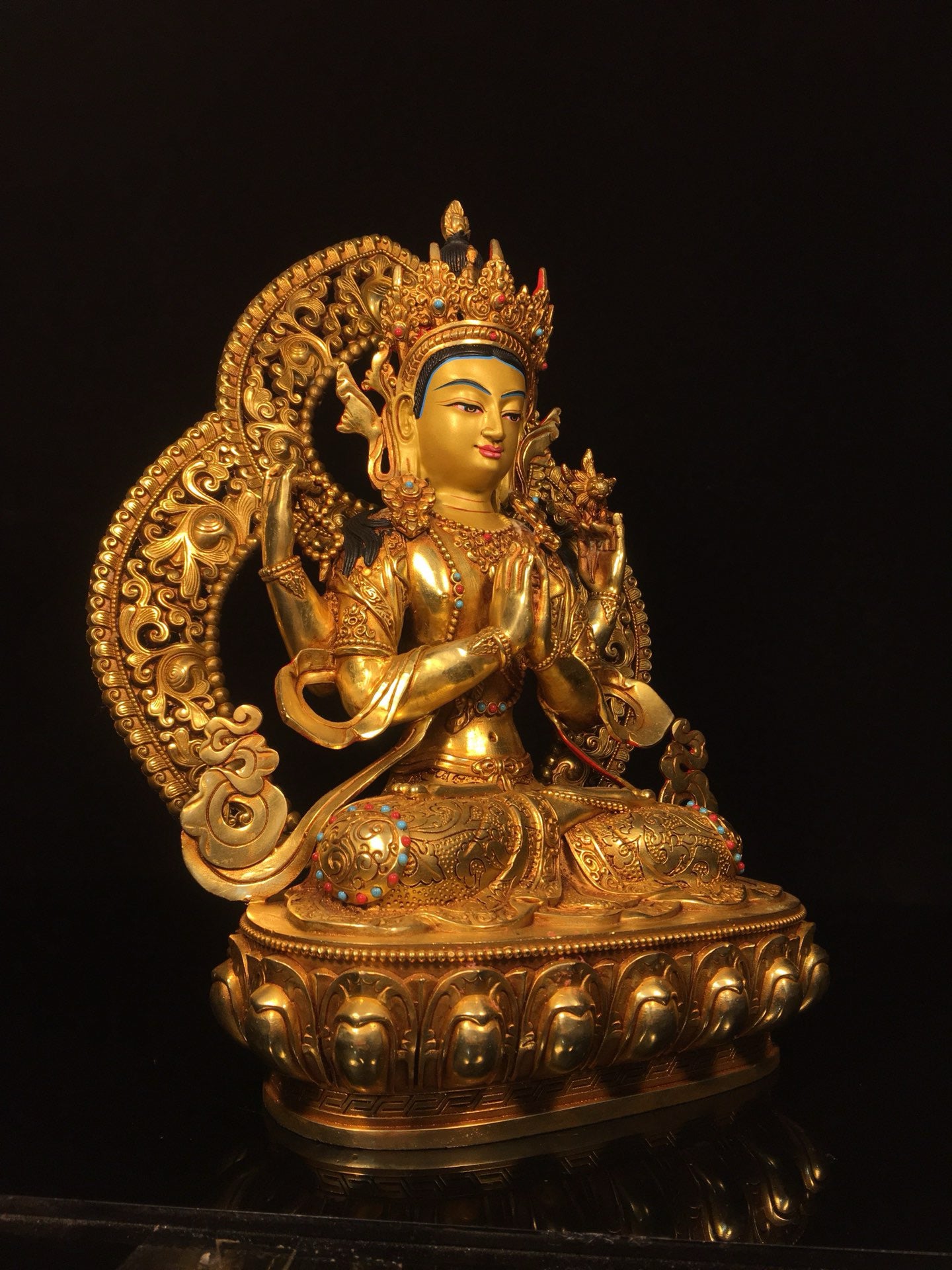 Chinese antique bronze gilded gold painted face with four armed Tara Bodhisattva Buddha statue