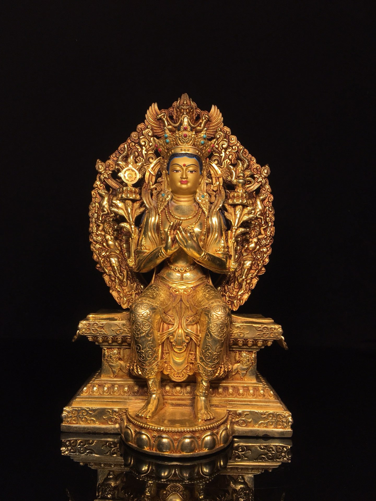 Chinese antique bronze gilded painted face with a strong Buddha statue (small size)