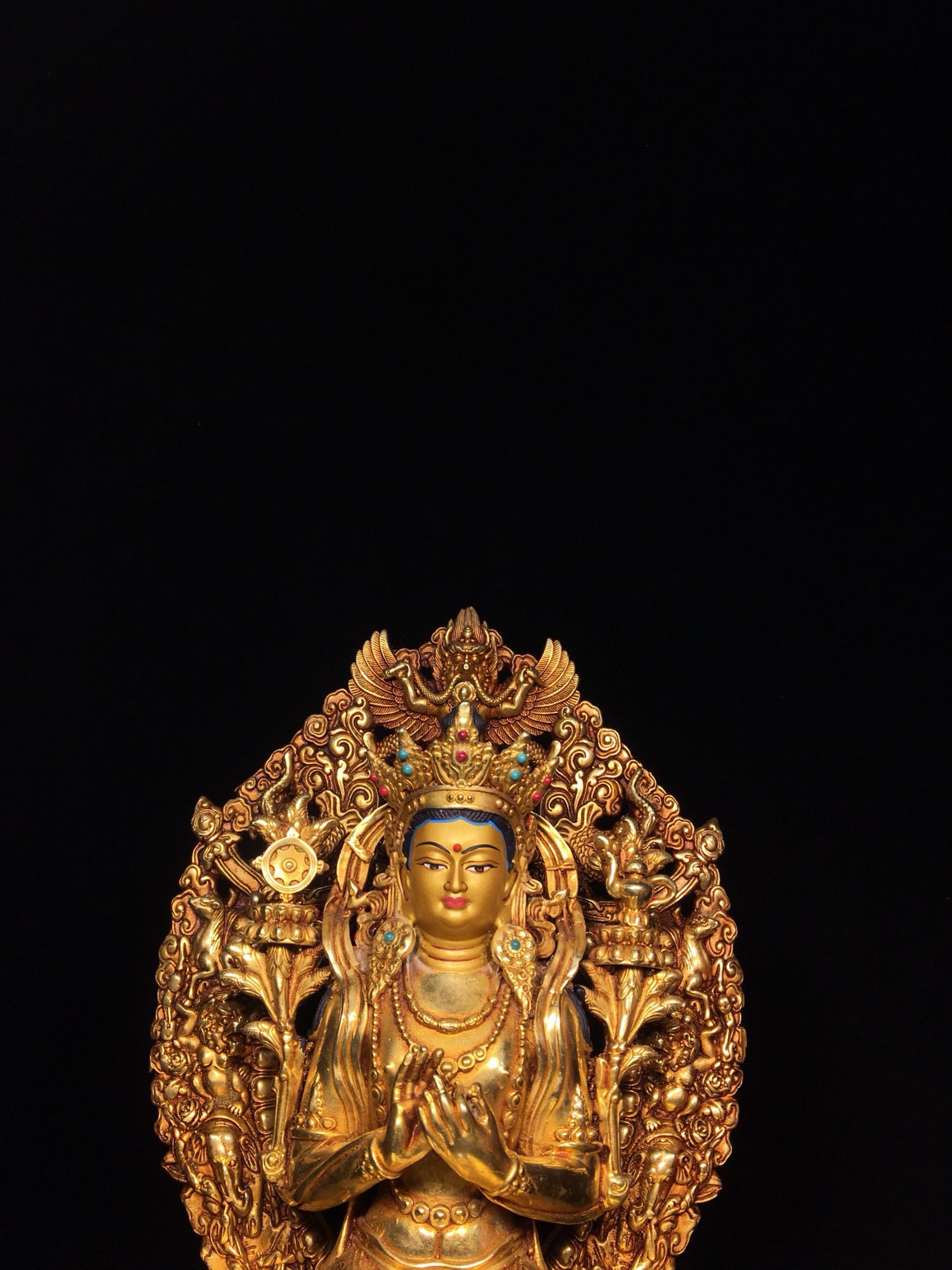 Chinese antique bronze gilded painted face with a strong Buddha statue (small size)