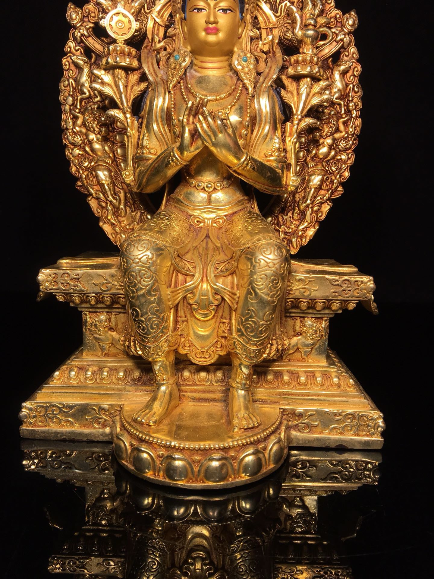 Chinese antique bronze gilded painted face with a strong Buddha statue (small size)