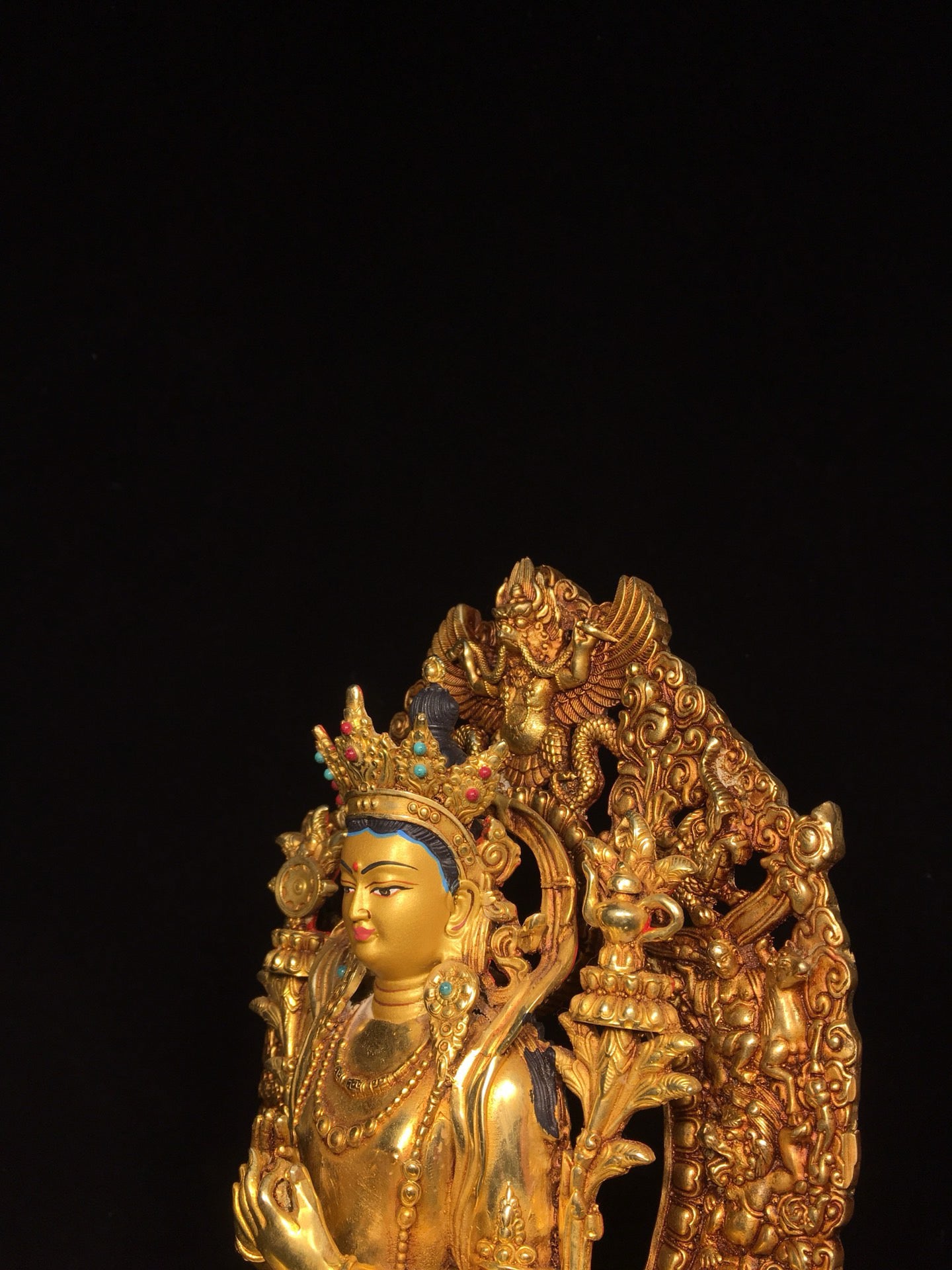 Chinese antique bronze gilded painted face with a strong Buddha statue (small size)