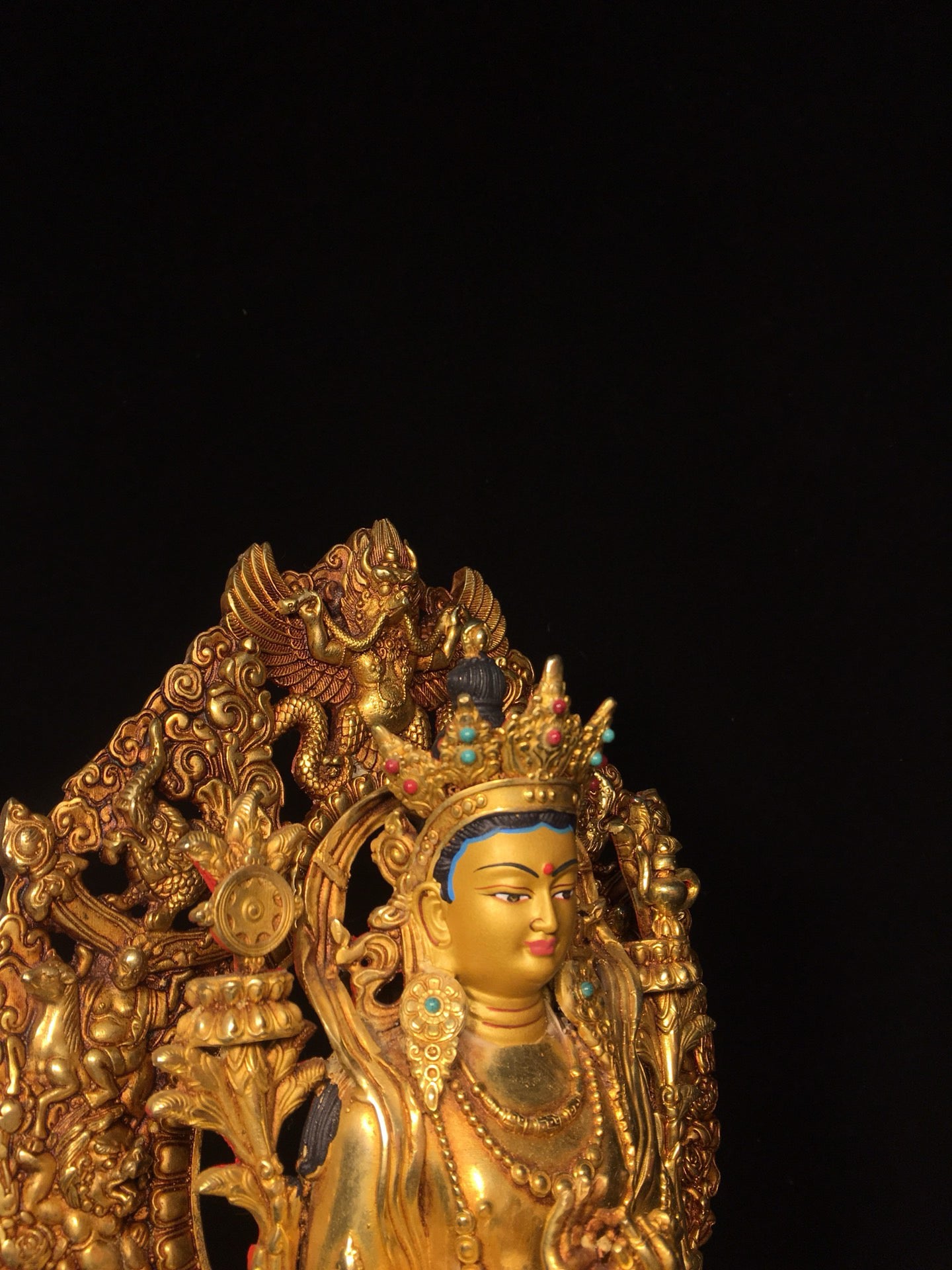 Chinese antique bronze gilded painted face with a strong Buddha statue (small size)