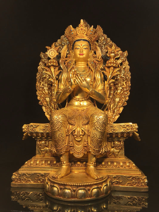 Chinese antique bronze gilded painted face with a strong Buddha statue