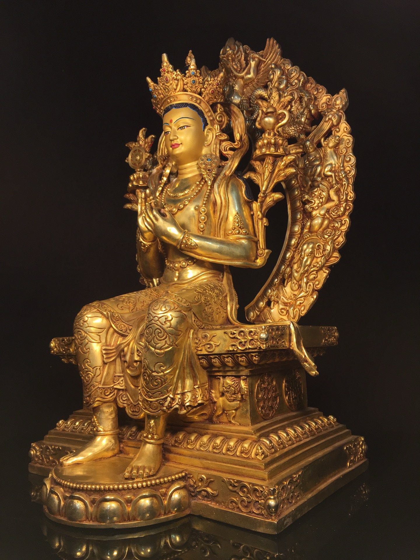 Chinese antique bronze gilded painted face with a strong Buddha statue