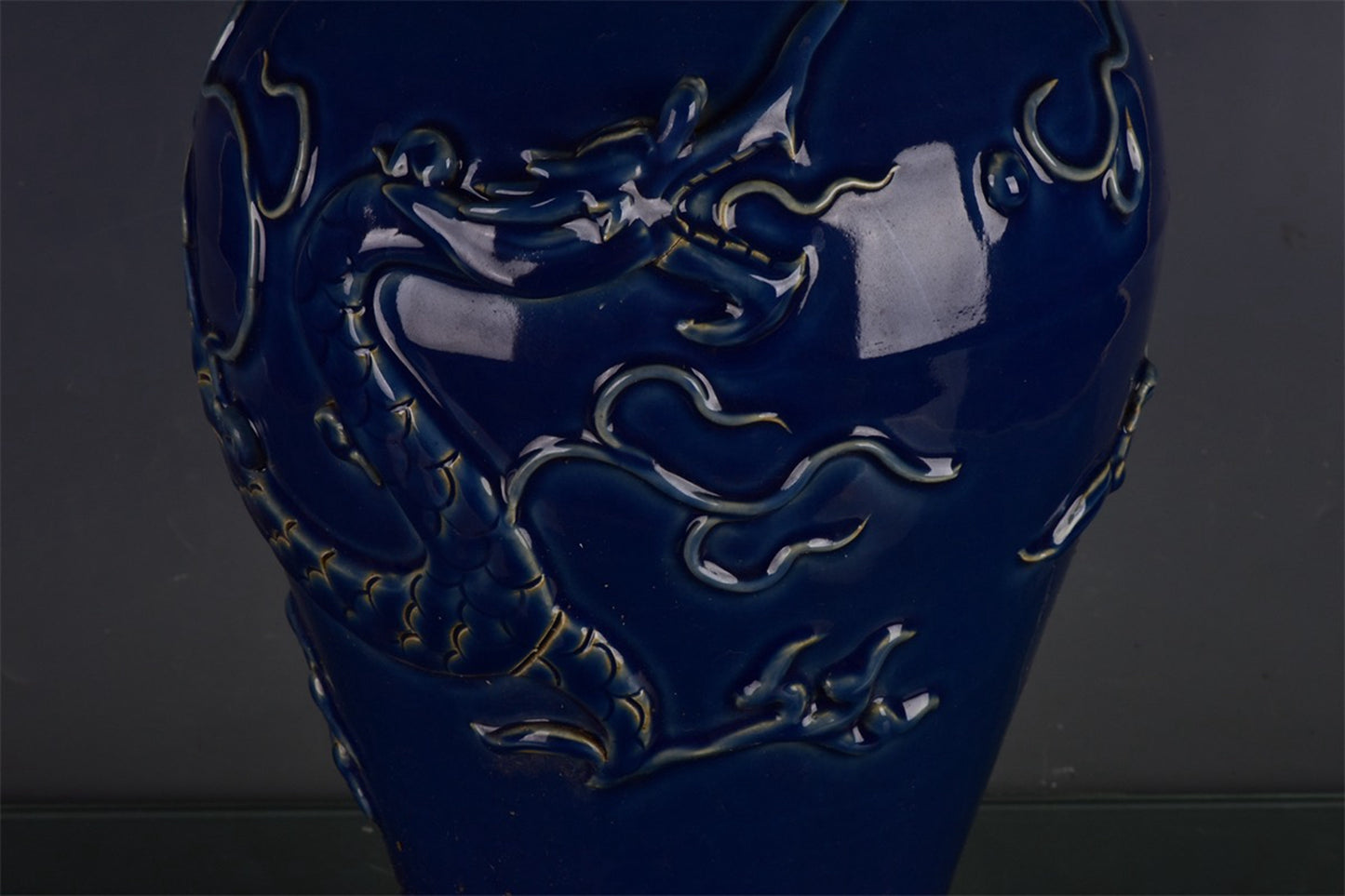 Chinese antique Ji blue relief dragon patterned plum vase