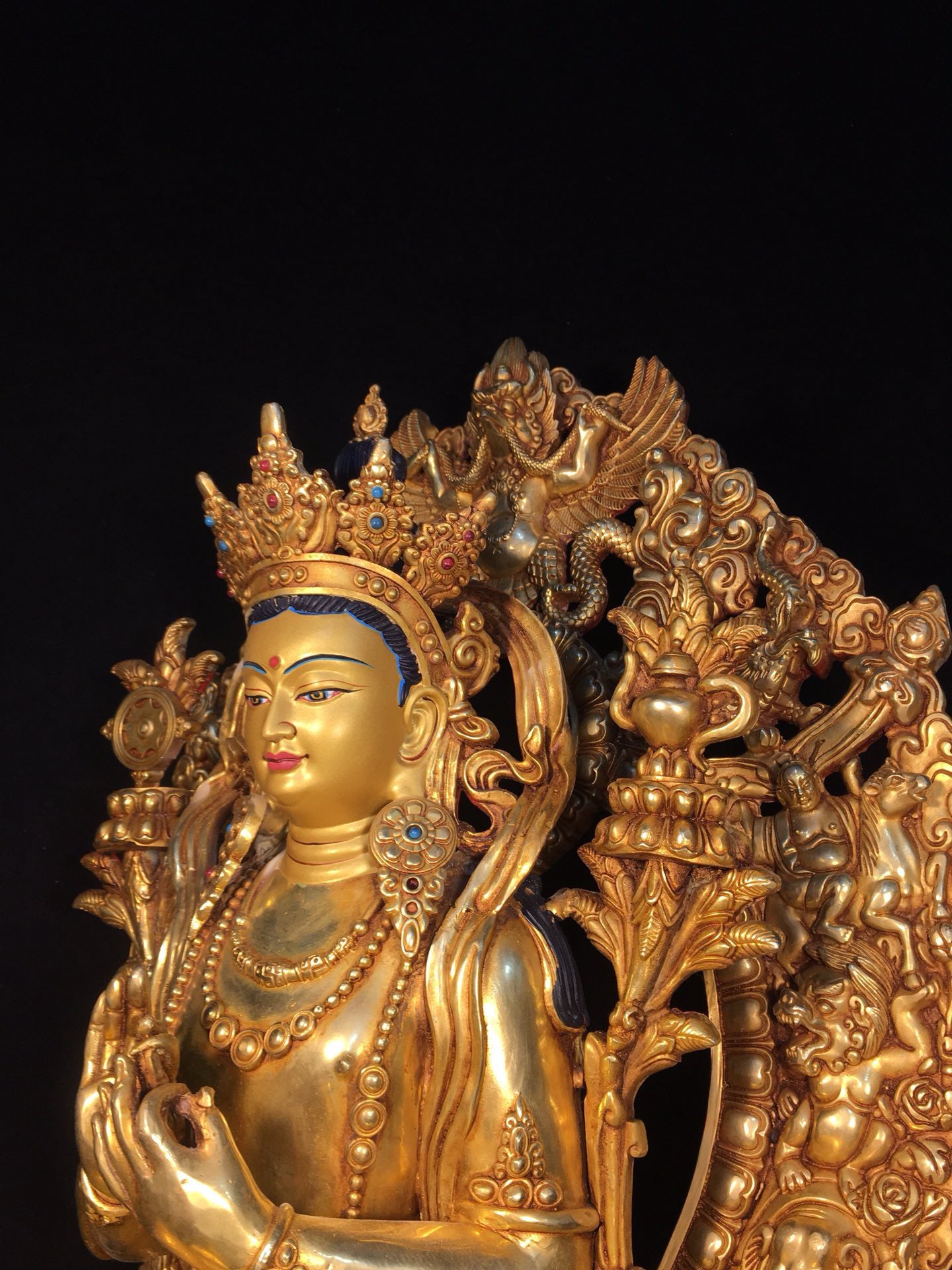 Chinese antique bronze gilded painted face with a strong Buddha statue