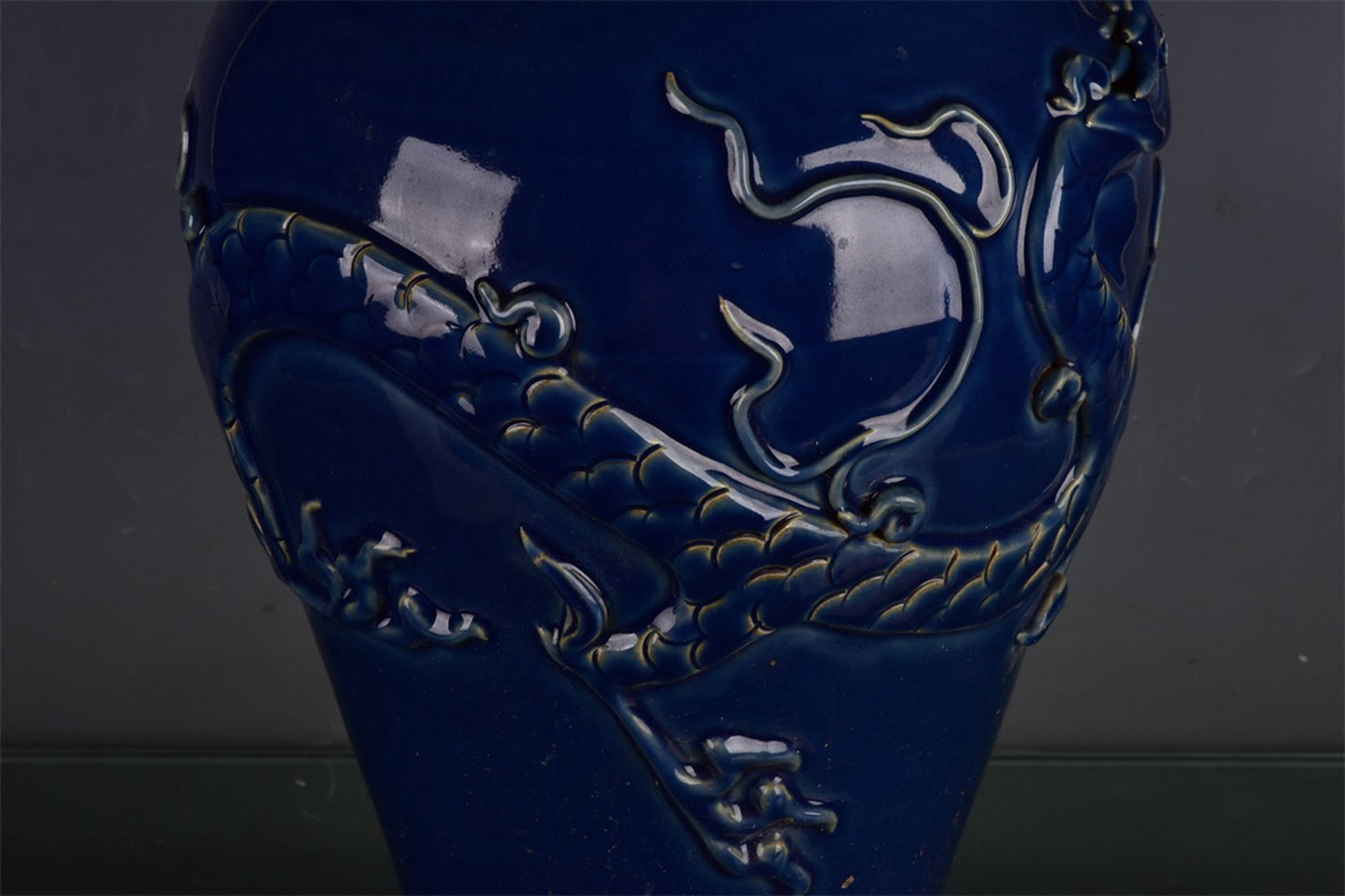 Chinese antique Ji blue relief dragon patterned plum vase