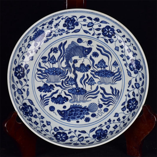 Chinese Antique Blue and White Fish and Algae Pattern Shang Pan