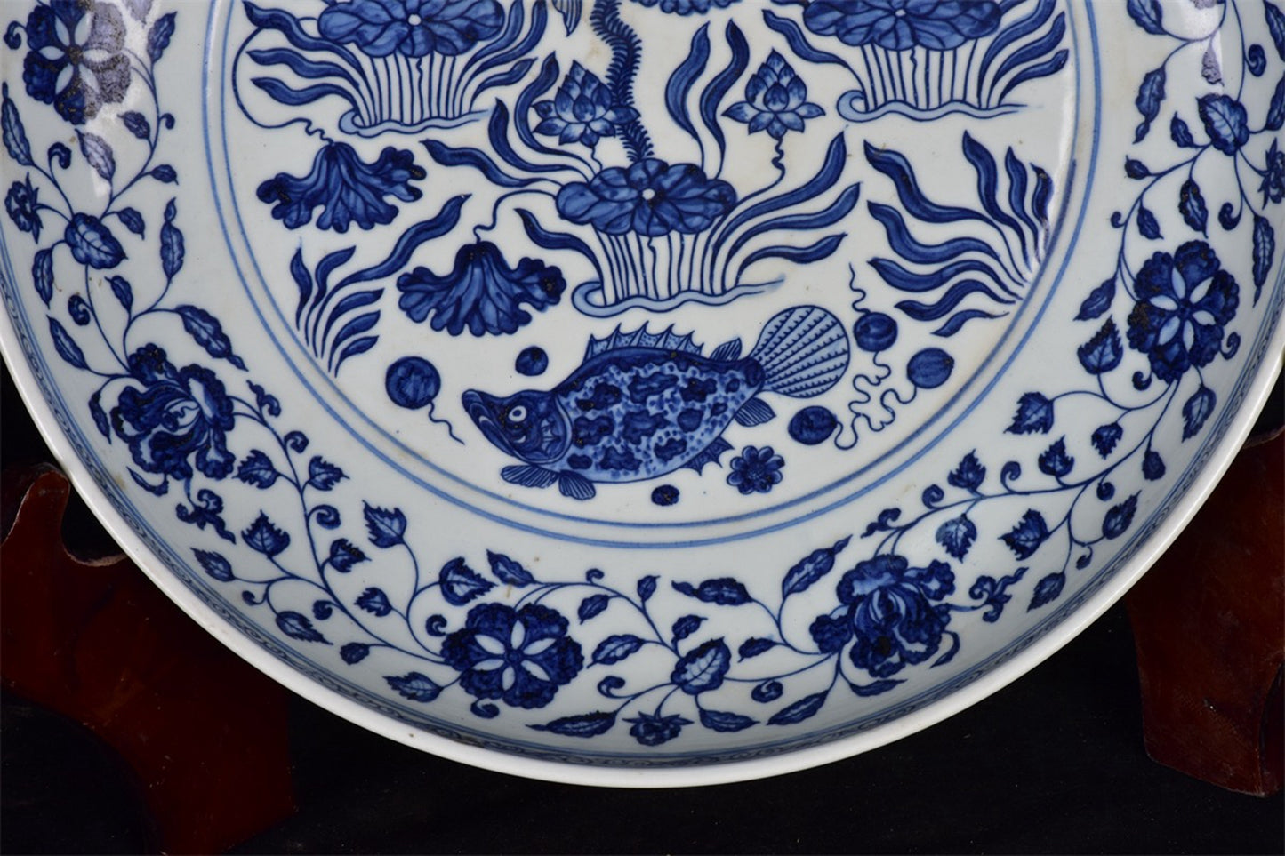 Chinese Antique Blue and White Fish and Algae Pattern Shang Pan