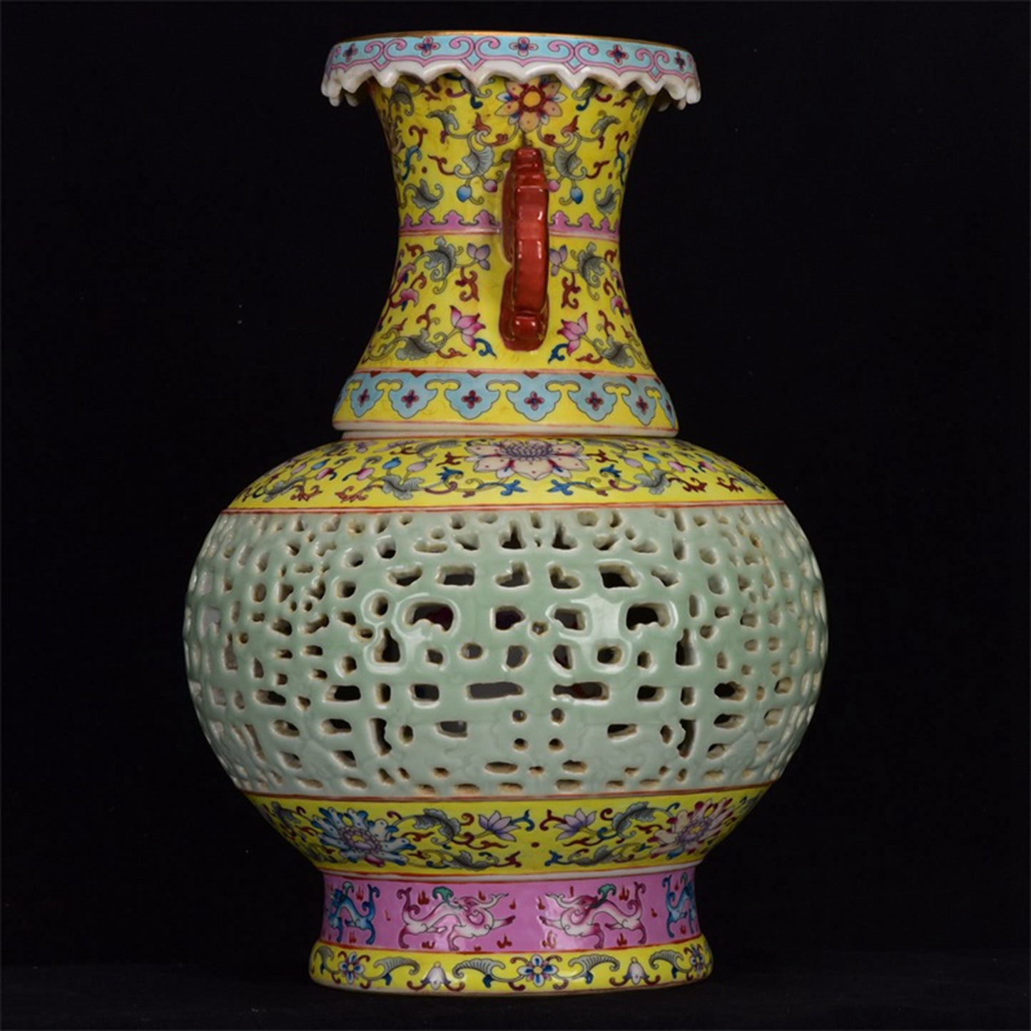 Chinese Antique Yellow Glazed Enamel Colored Flower Pattern Hollow Double Ear Gold Carved Two Section Turning Heart Bottle