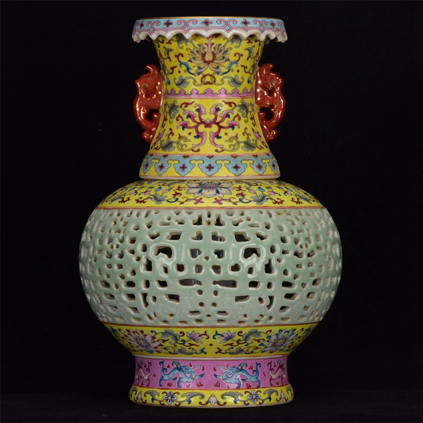 Chinese Antique Yellow Glazed Enamel Colored Flower Pattern Hollow Double Ear Gold Carved Two Section Turning Heart Bottle
