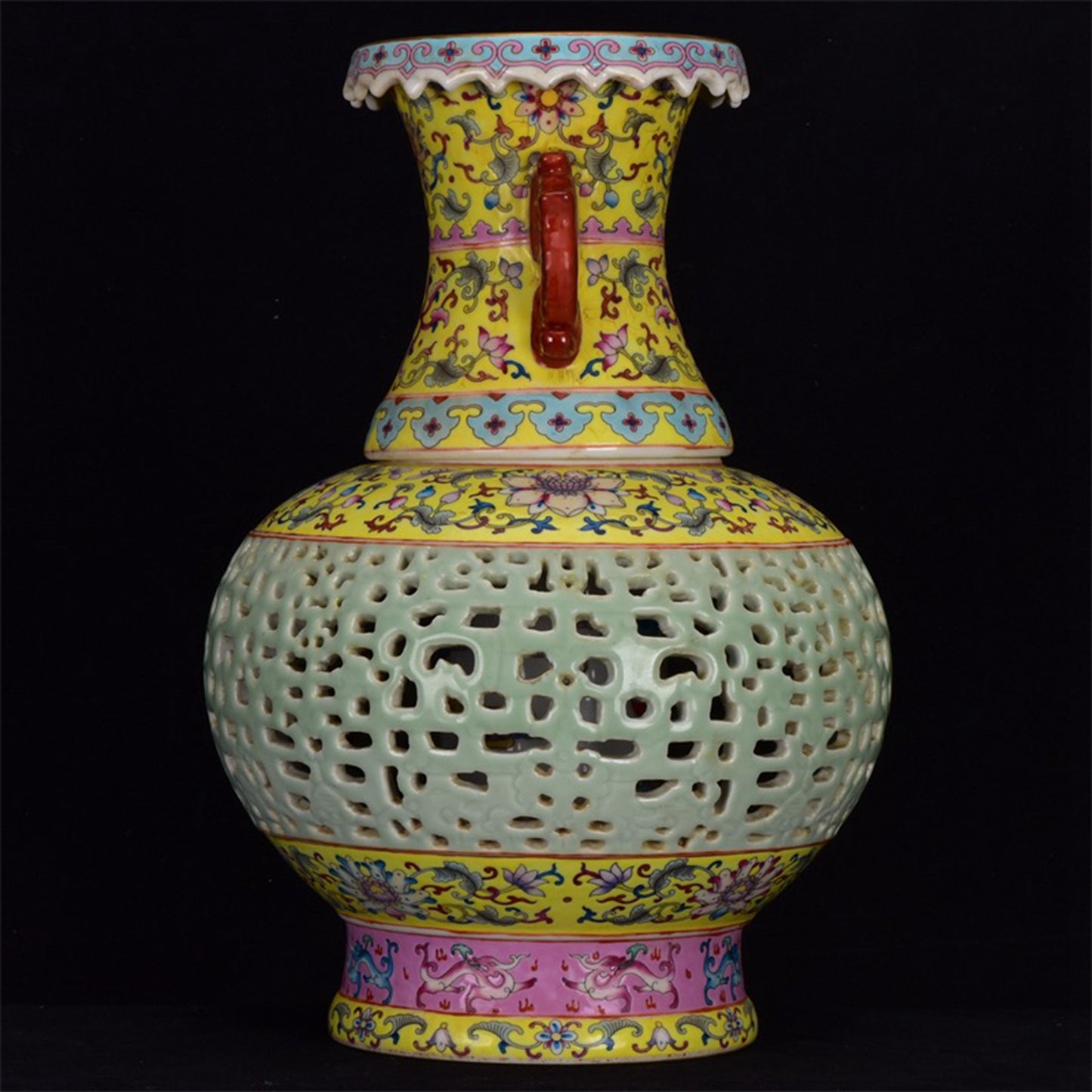 Chinese Antique Yellow Glazed Enamel Colored Flower Pattern Hollow Double Ear Gold Carved Two Section Turning Heart Bottle