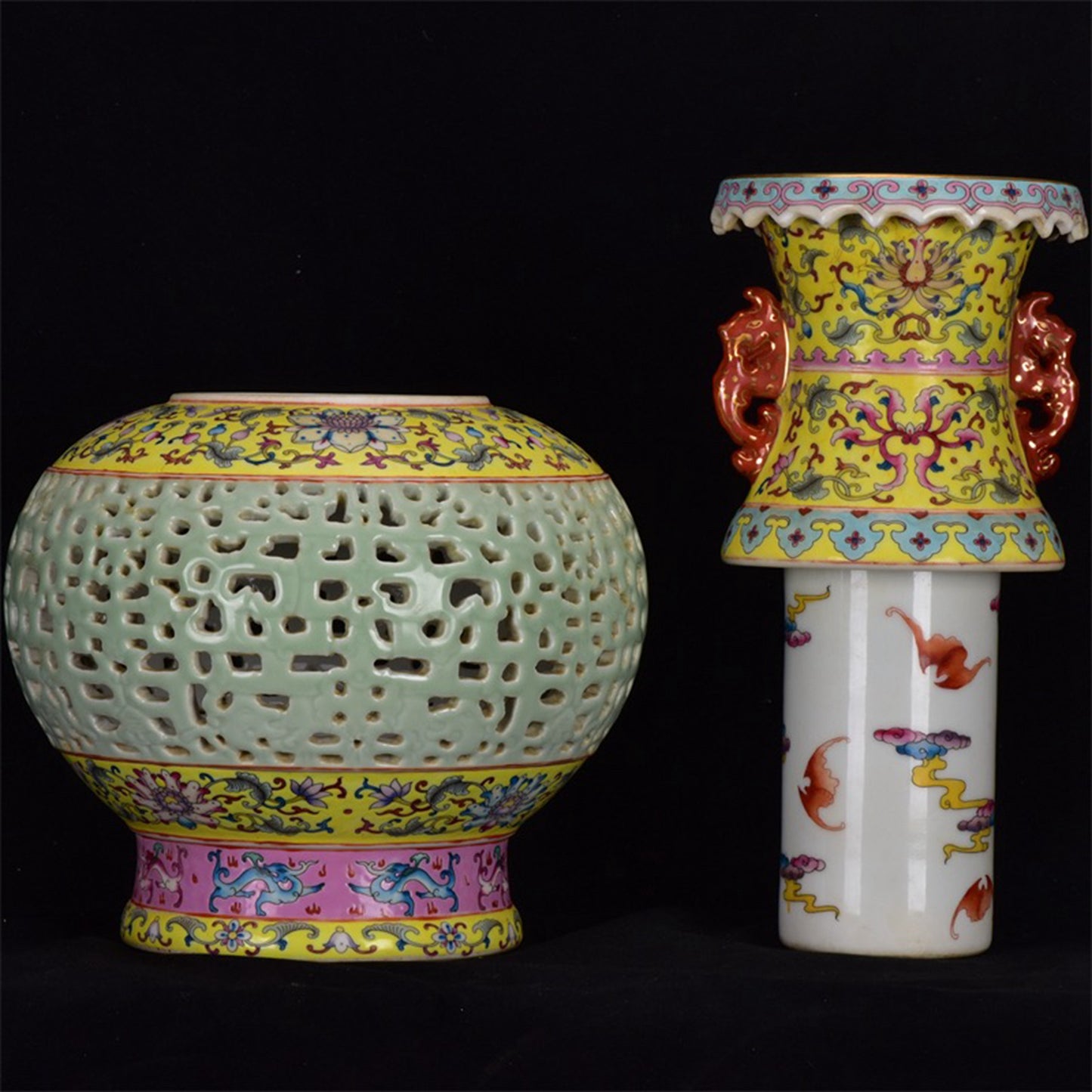 Chinese Antique Yellow Glazed Enamel Colored Flower Pattern Hollow Double Ear Gold Carved Two Section Turning Heart Bottle