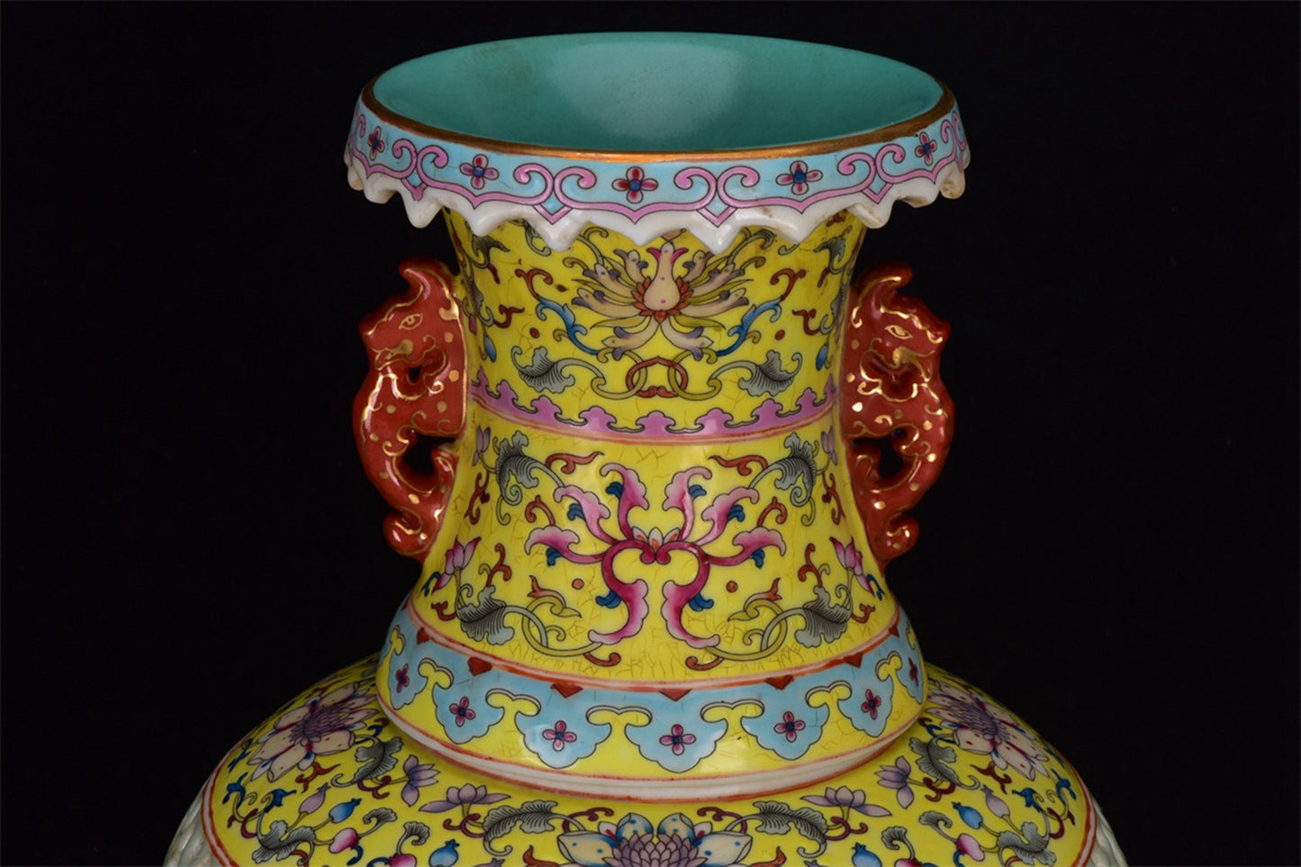 Chinese Antique Yellow Glazed Enamel Colored Flower Pattern Hollow Double Ear Gold Carved Two Section Turning Heart Bottle